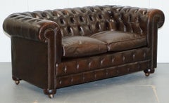 Chesterfield Brown Leather Two-Seat Sofa Coil Sprung Feather Filled Cushions