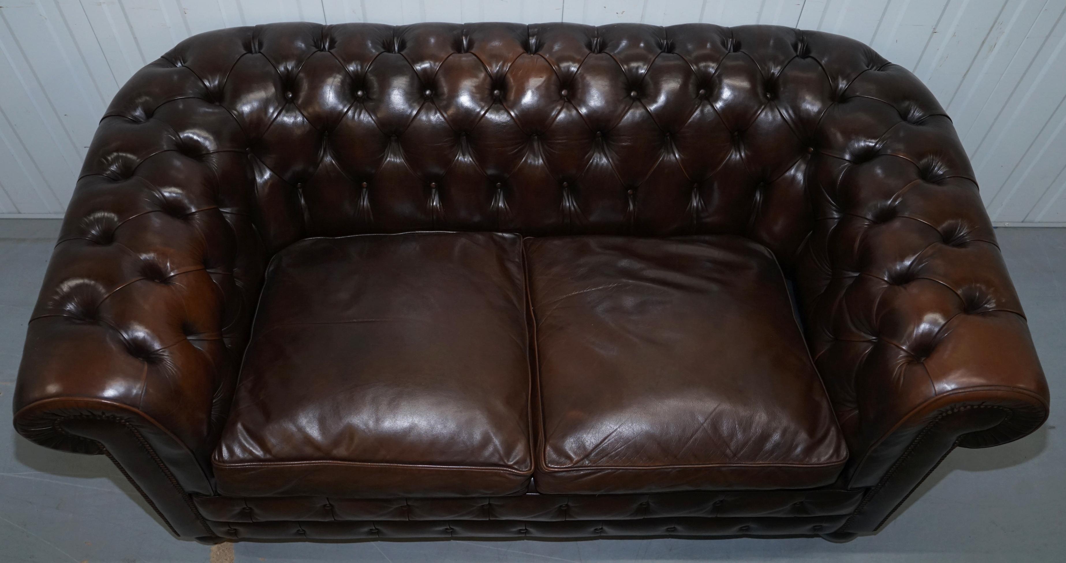 English Chesterfield Brown Leather Two-Seat Sofa Coil Sprung Feather Filled Cushions 