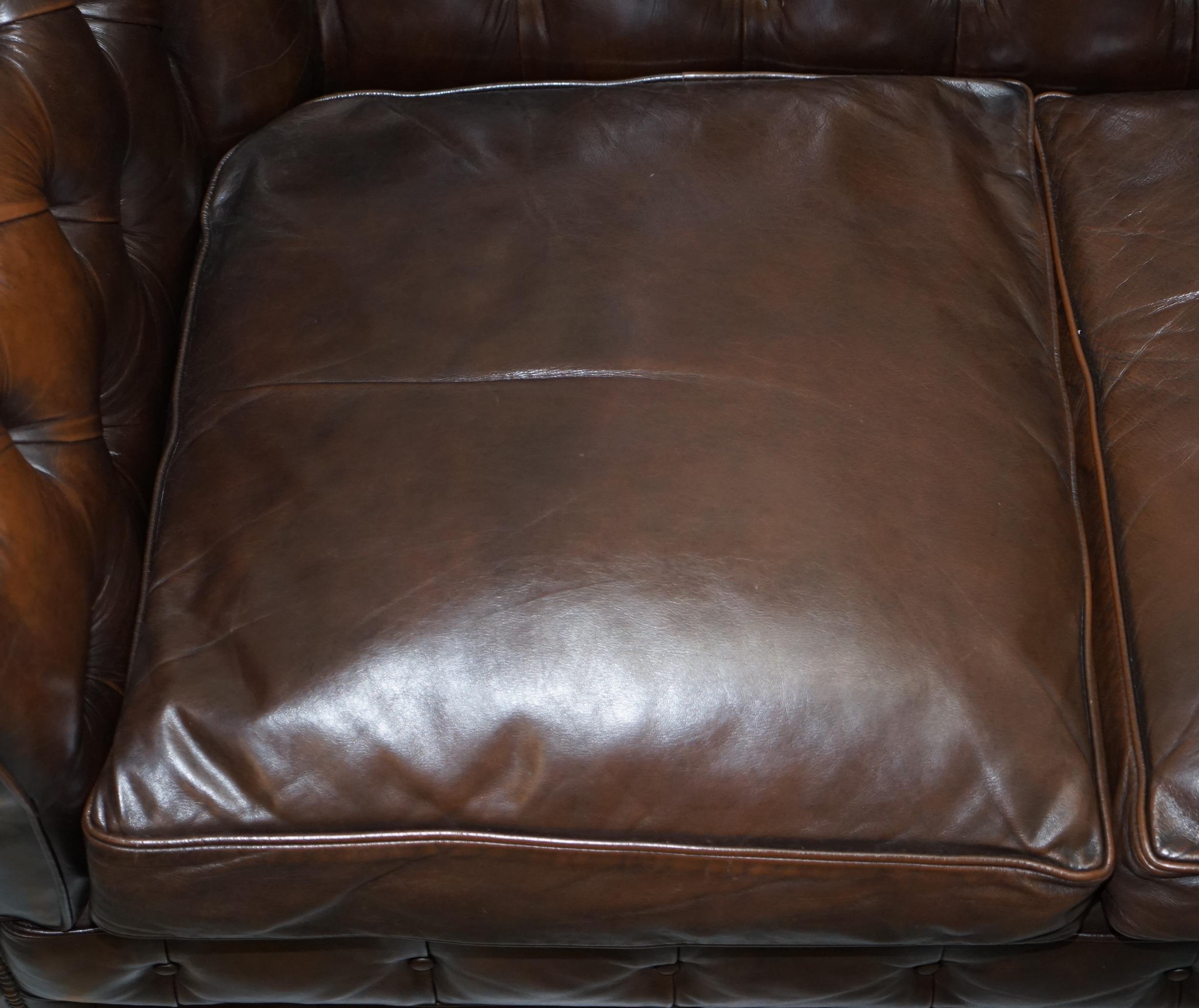 Hand-Crafted Chesterfield Brown Leather Two-Seat Sofa Coil Sprung Feather Filled Cushions 