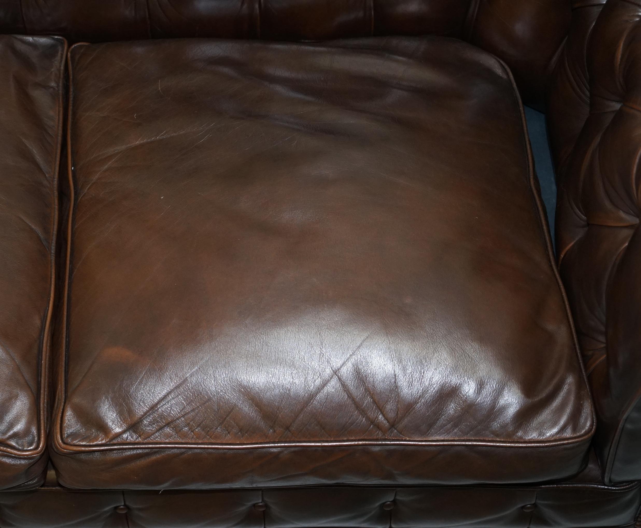 20th Century Chesterfield Brown Leather Two-Seat Sofa Coil Sprung Feather Filled Cushions 