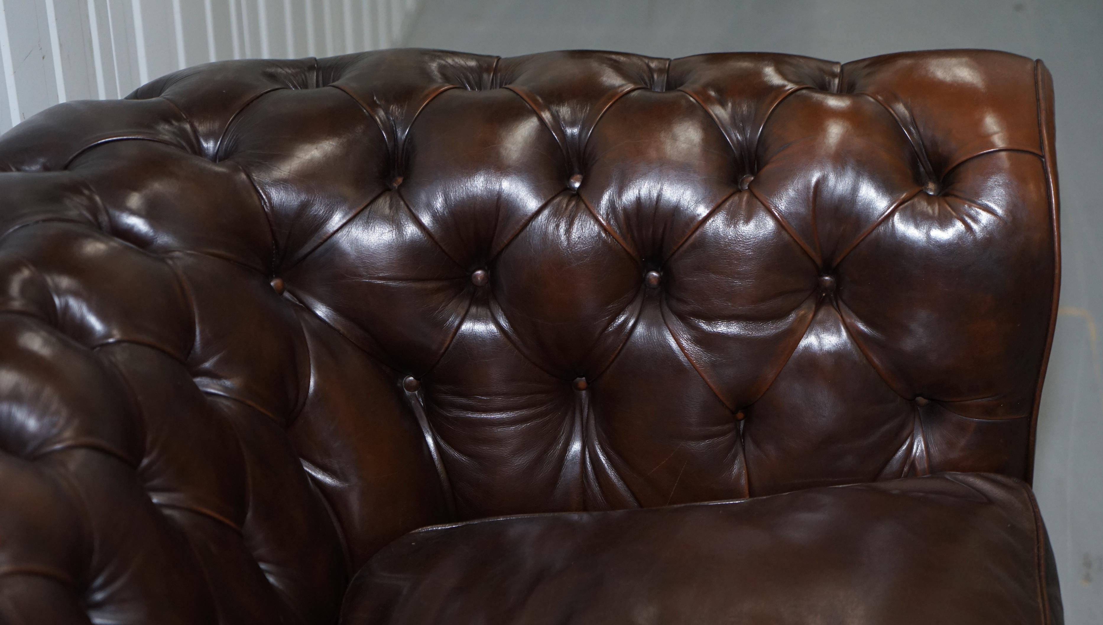 Chesterfield Brown Leather Two-Seat Sofa Coil Sprung Feather Filled Cushions  1