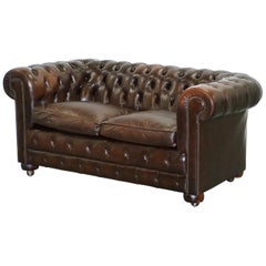 Vintage Chesterfield Brown Leather Two-Seat Sofa Coil Sprung Feather Filled Cushions