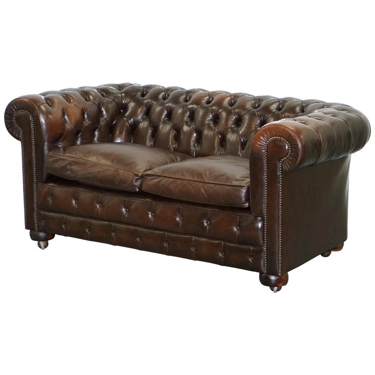 Chesterfield Brown Leather TwoSeat Sofa Coil Sprung Feather Filled