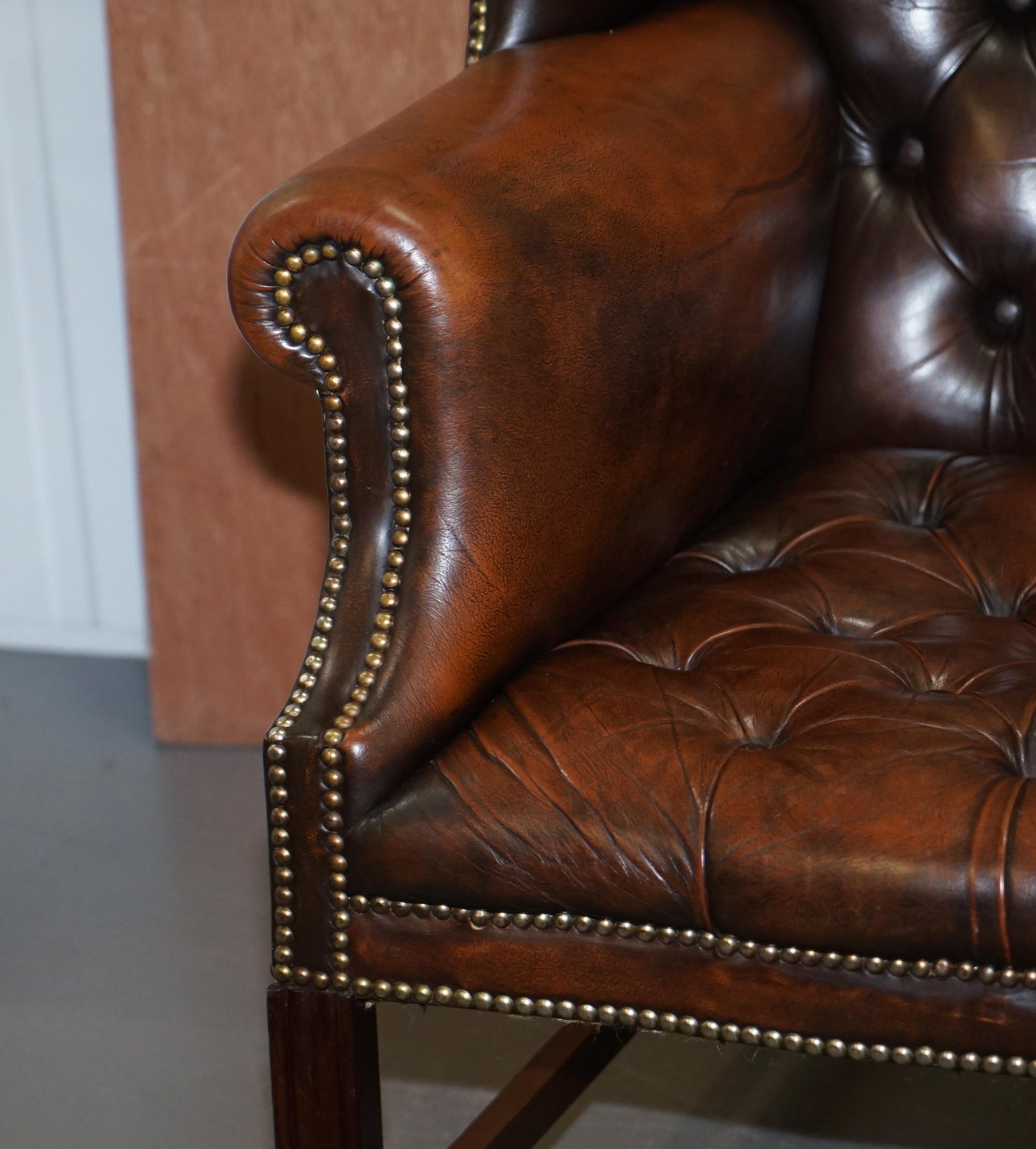 Chesterfield Brown Leather Wingback Georgian H-Framed Armchair and Footstool 2