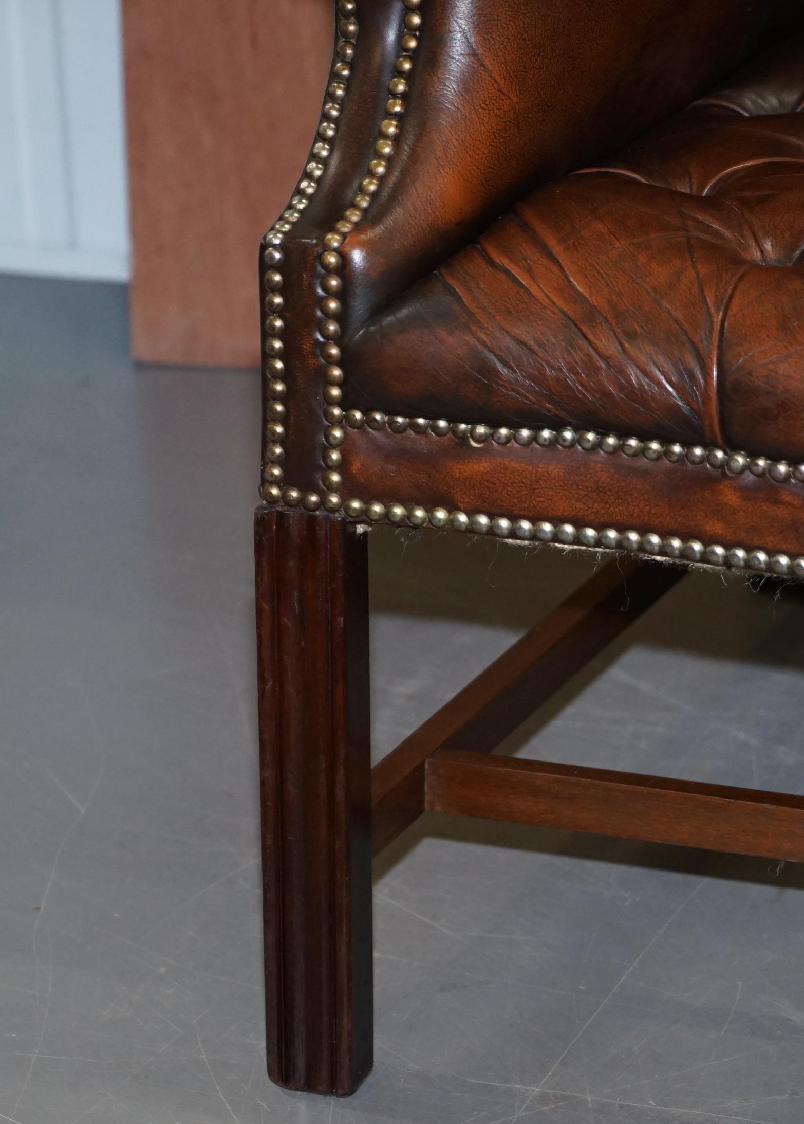 Chesterfield Brown Leather Wingback Georgian H-Framed Armchair and Footstool 3