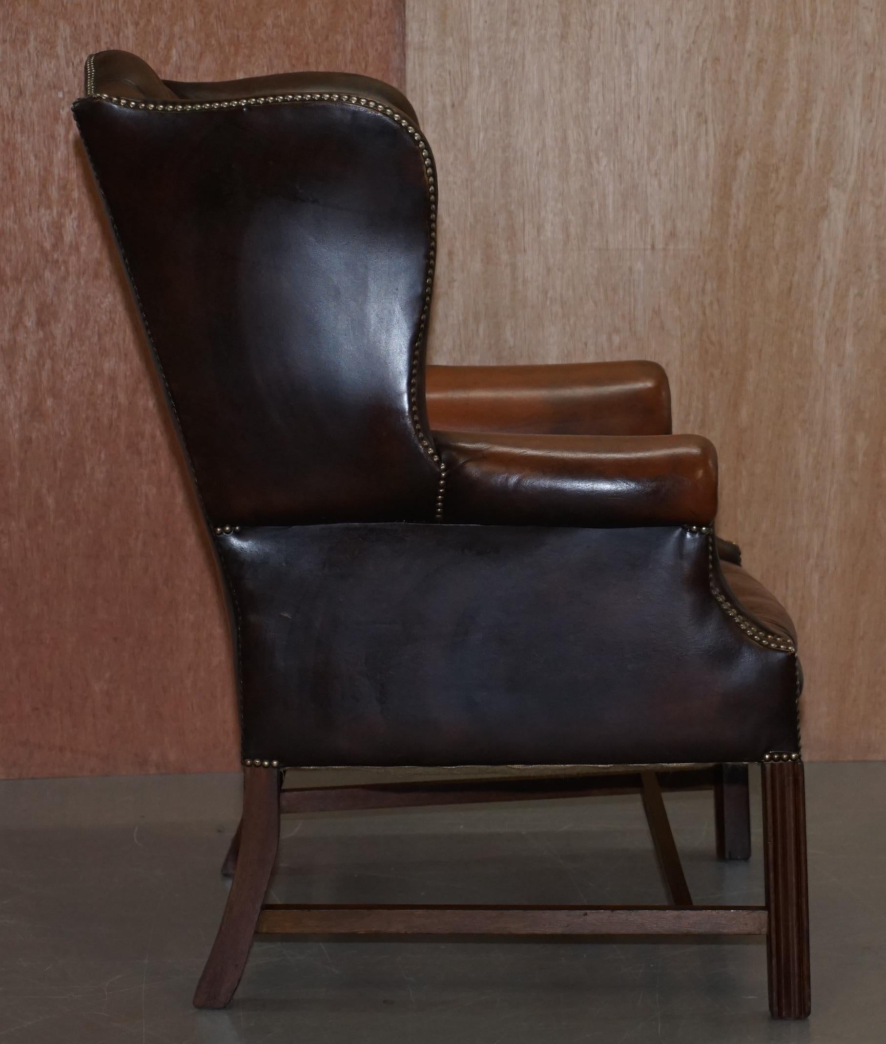 Chesterfield Brown Leather Wingback Georgian H-Framed Armchair and Footstool 4