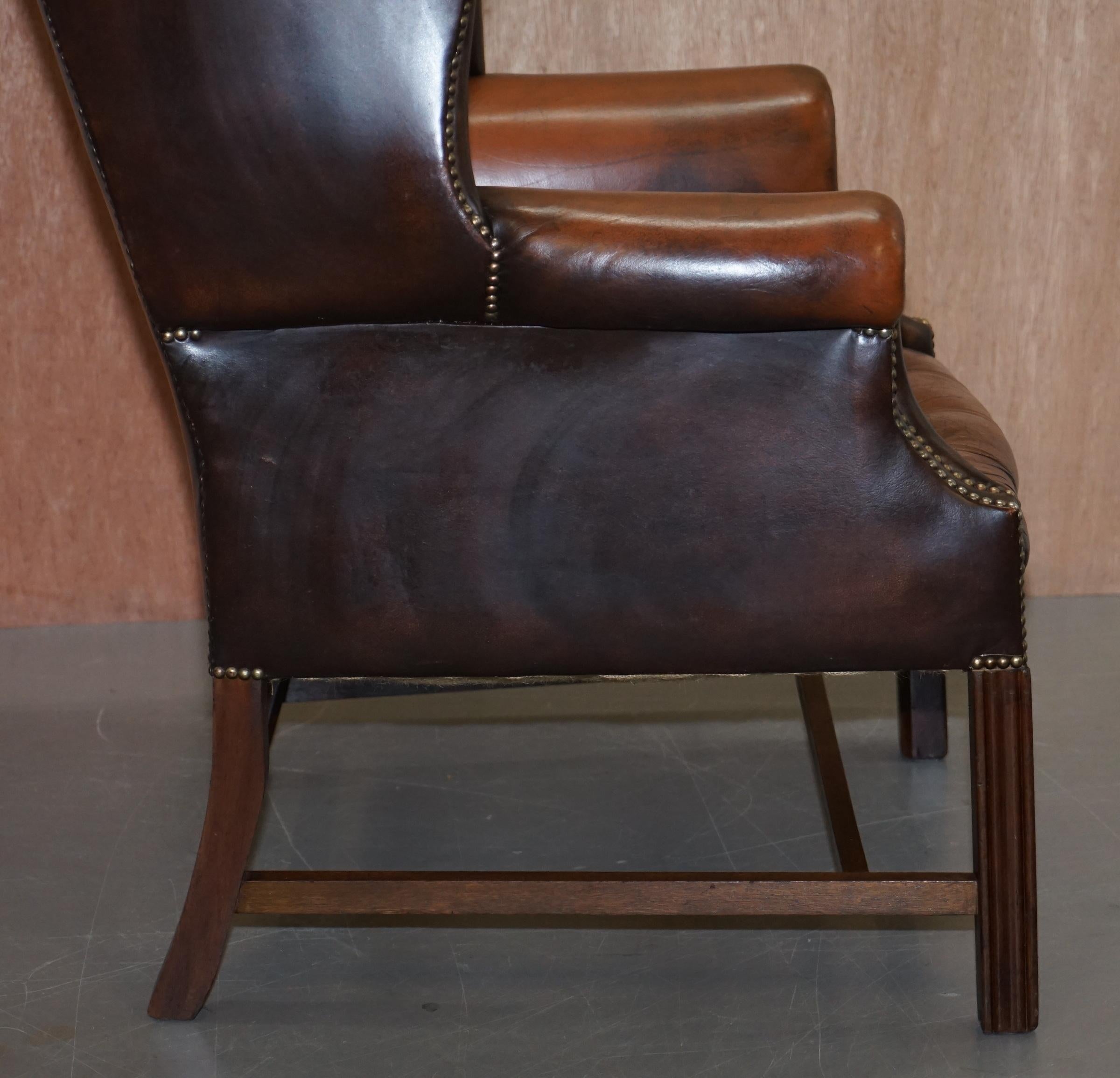 Chesterfield Brown Leather Wingback Georgian H-Framed Armchair and Footstool 5