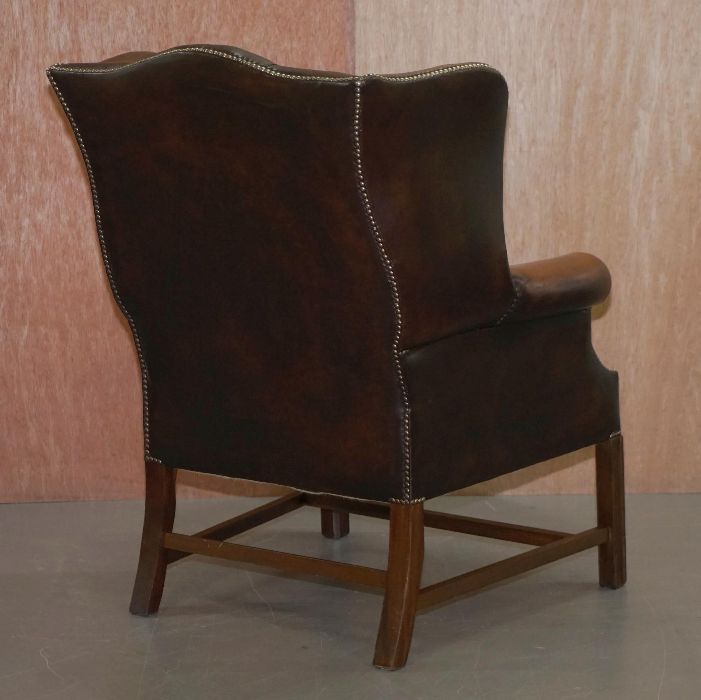 Chesterfield Brown Leather Wingback Georgian H-Framed Armchair and Footstool 7