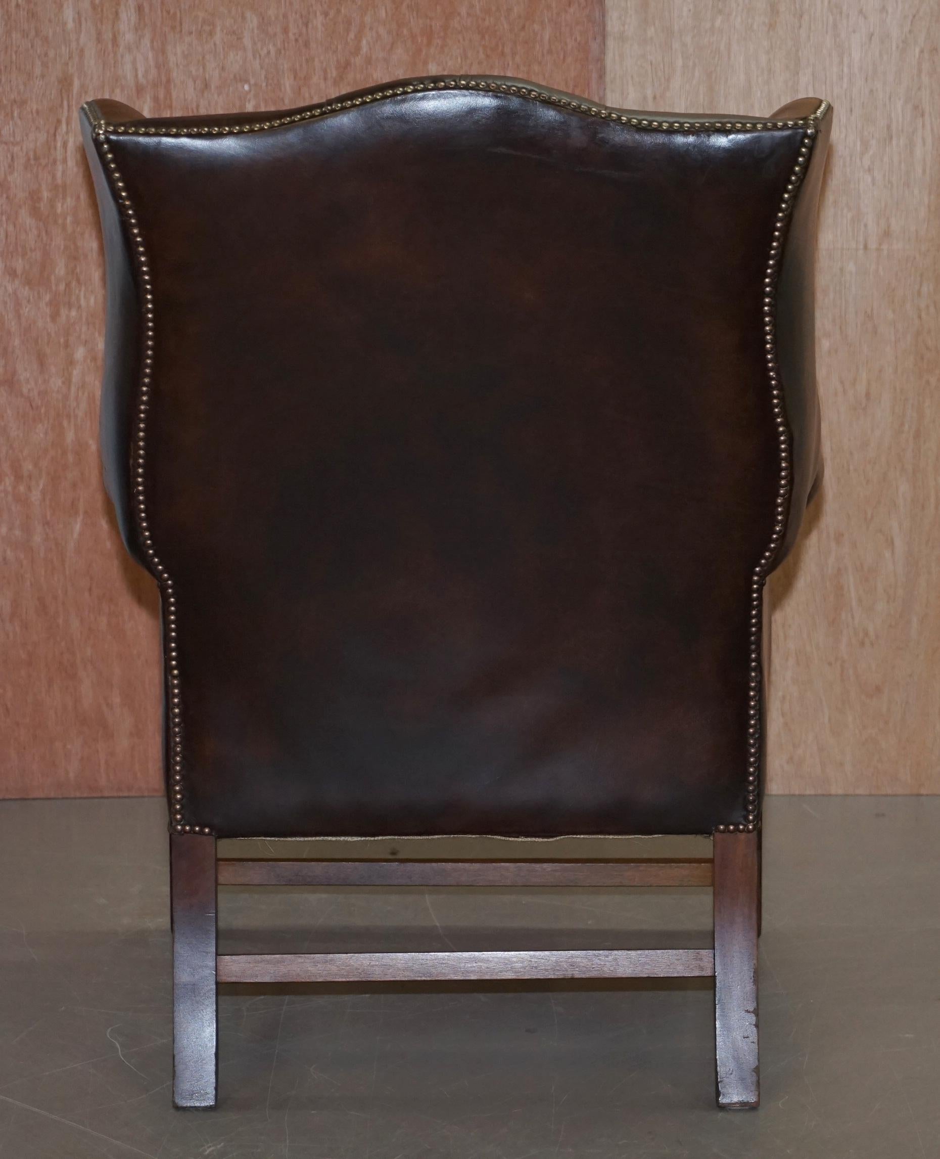 Chesterfield Brown Leather Wingback Georgian H-Framed Armchair and Footstool 8