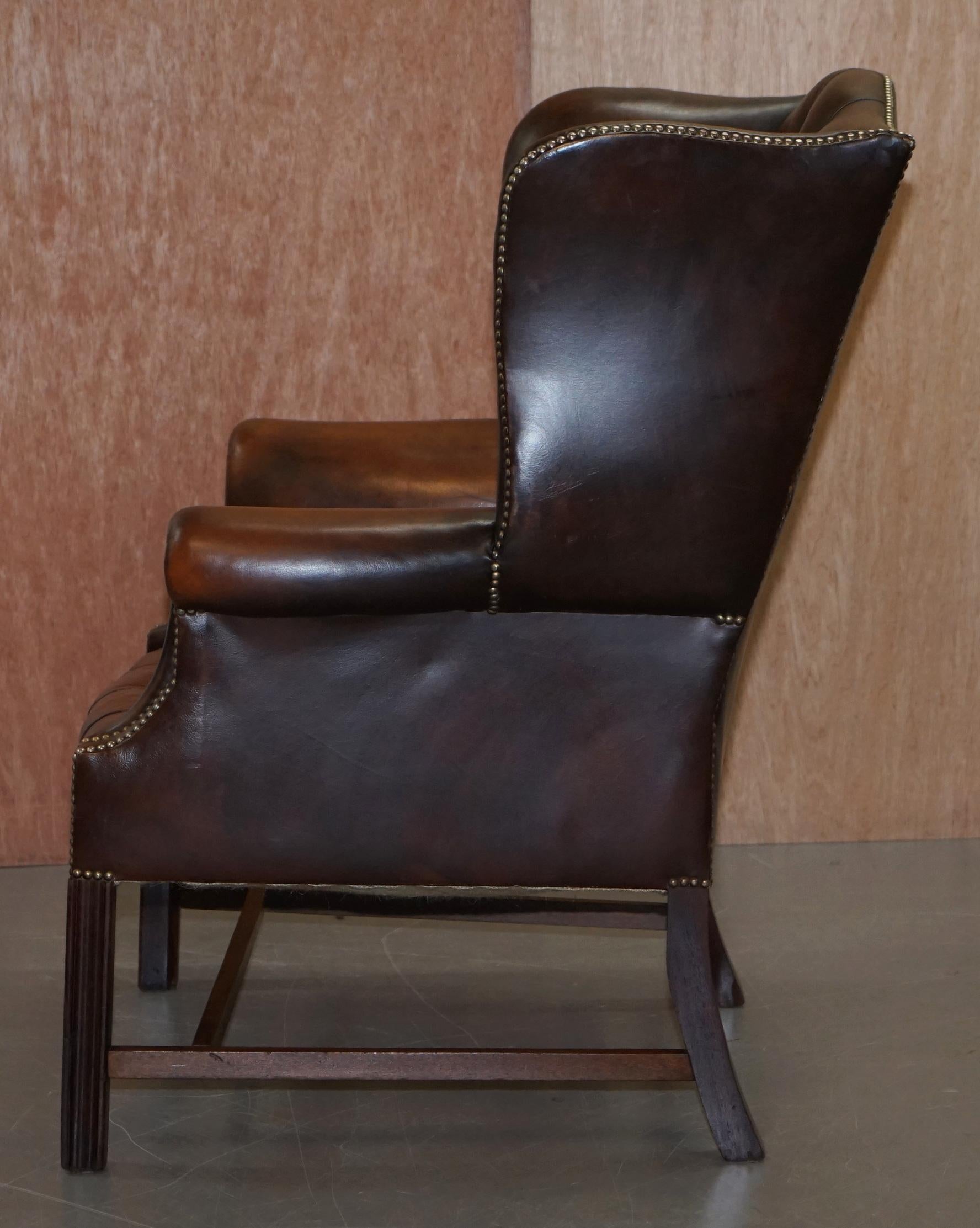 Chesterfield Brown Leather Wingback Georgian H-Framed Armchair and Footstool 10