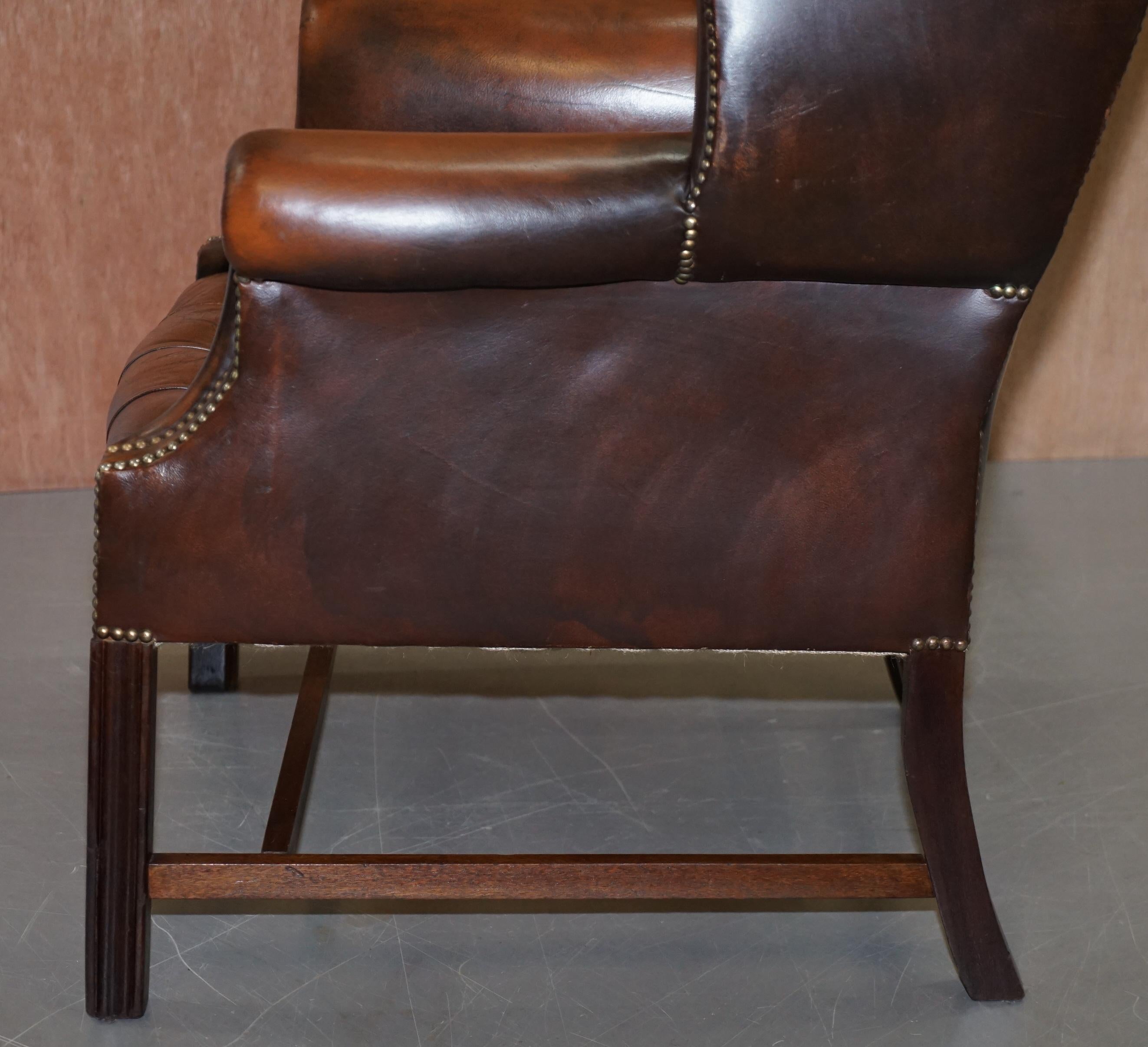 Chesterfield Brown Leather Wingback Georgian H-Framed Armchair and Footstool 11