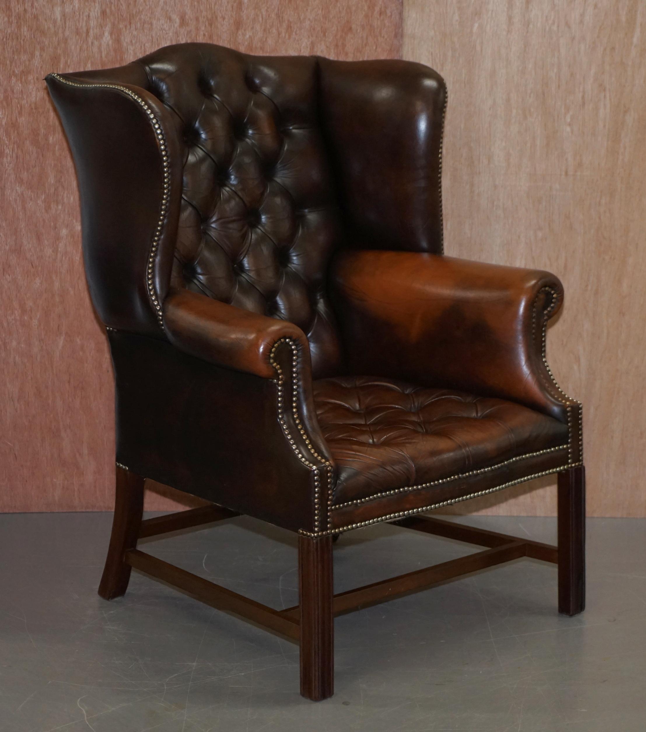 We are delighted to offer for sale this lovely vintage lightly restored Georgian H-framed Chesterfield wingback armchair and footstool in brown leather 

A lovely pair, full of vintage charm and character, we have lightly restored them to include