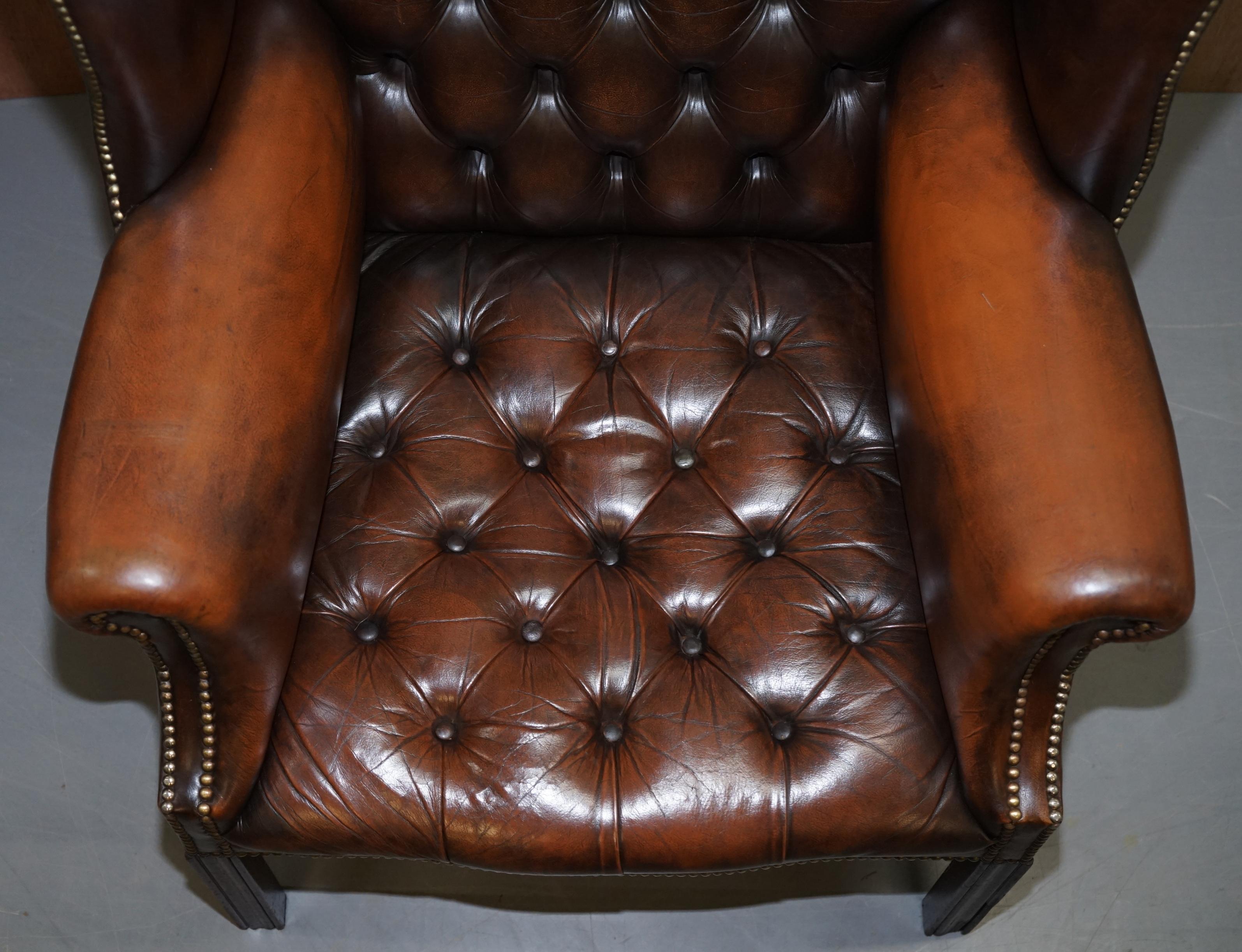 English Chesterfield Brown Leather Wingback Georgian H-Framed Armchair and Footstool