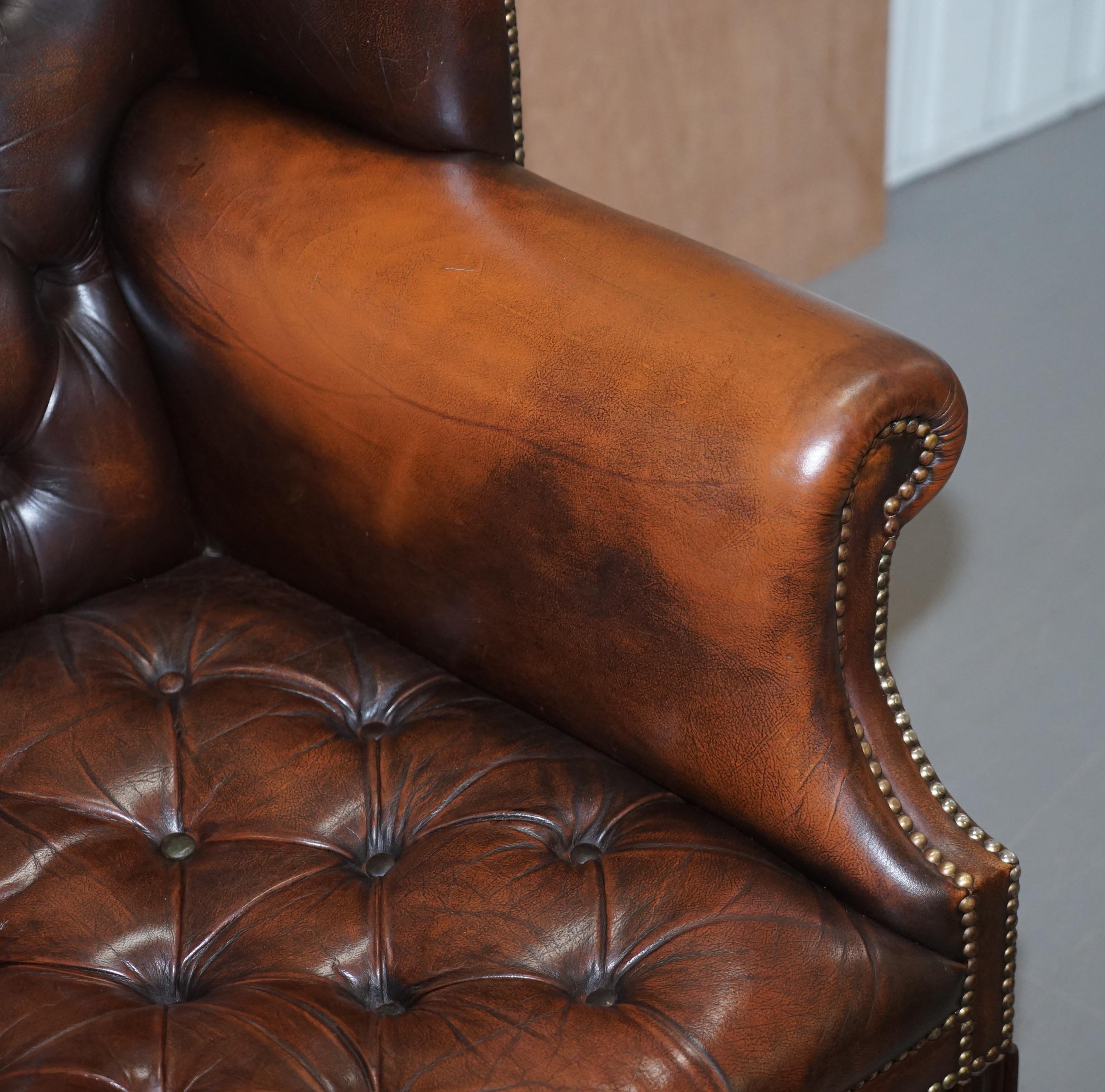 Hand-Crafted Chesterfield Brown Leather Wingback Georgian H-Framed Armchair and Footstool