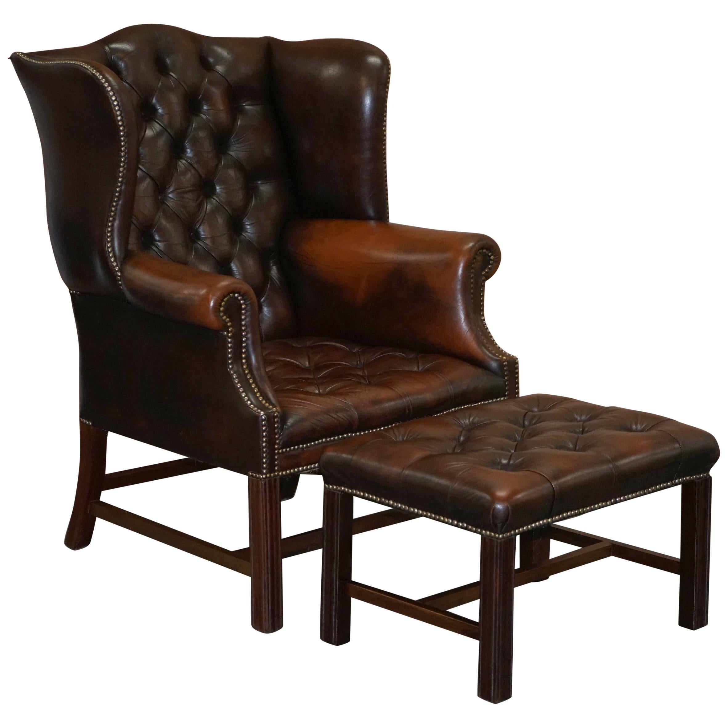 Chesterfield Brown Leather Wingback Georgian H-Framed Armchair and Footstool  at 1stDibs