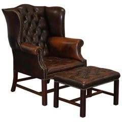 Chesterfield Brown Leather Wingback Georgian H-Framed Armchair and Footstool