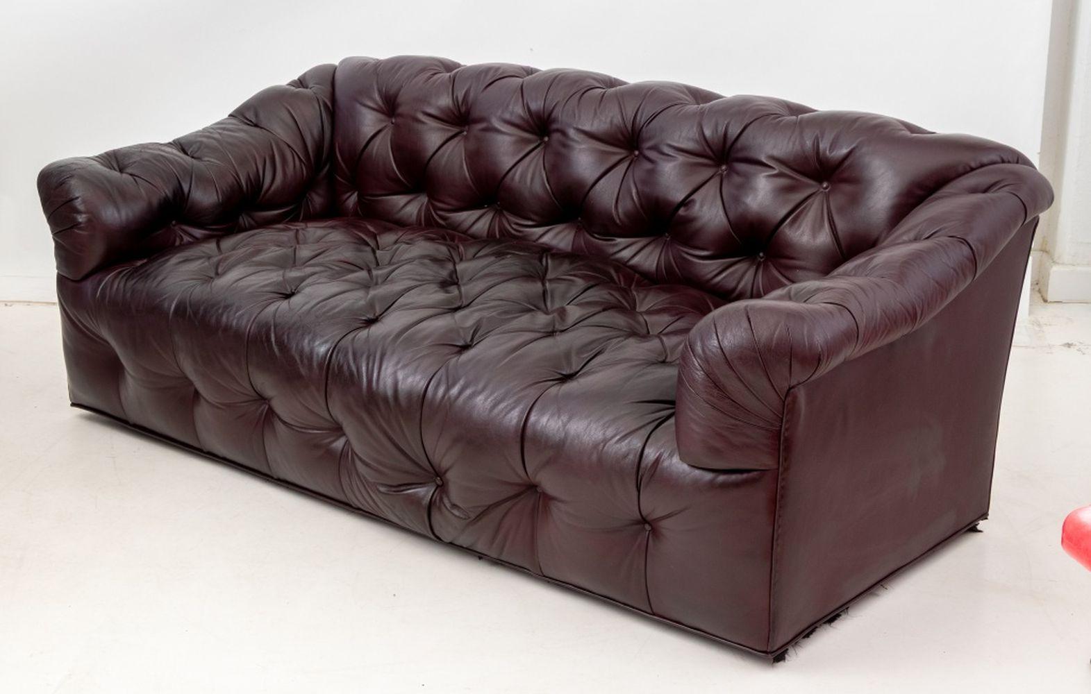 Chesterfield Burgundy Leather Button Down Two-Seat Sofa. 33
