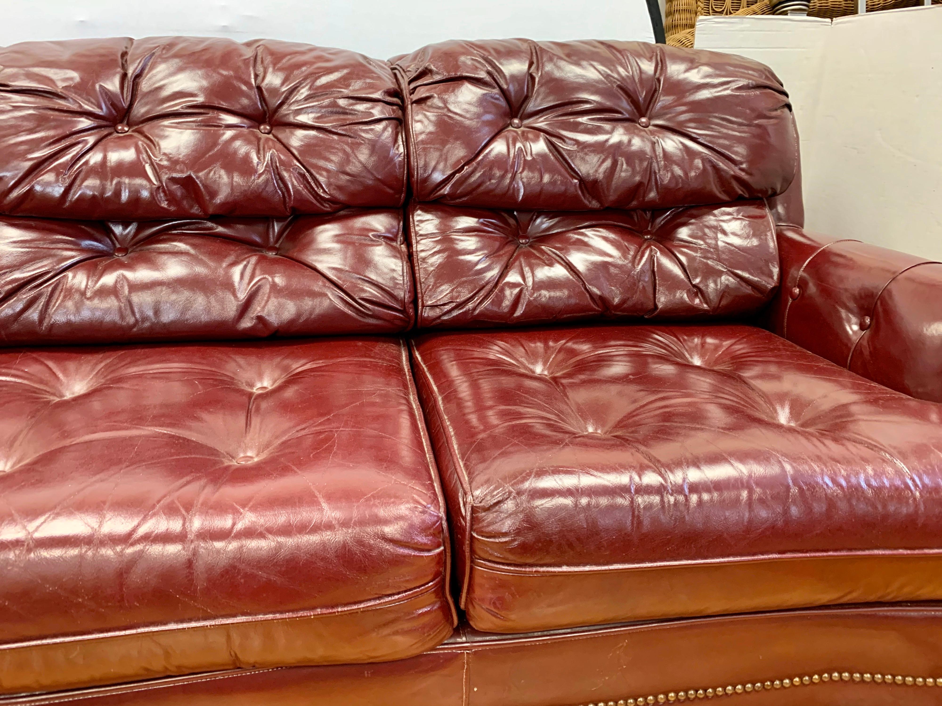 Chesterfield Burgundy Leather Sofa with Brass Nailheads 3