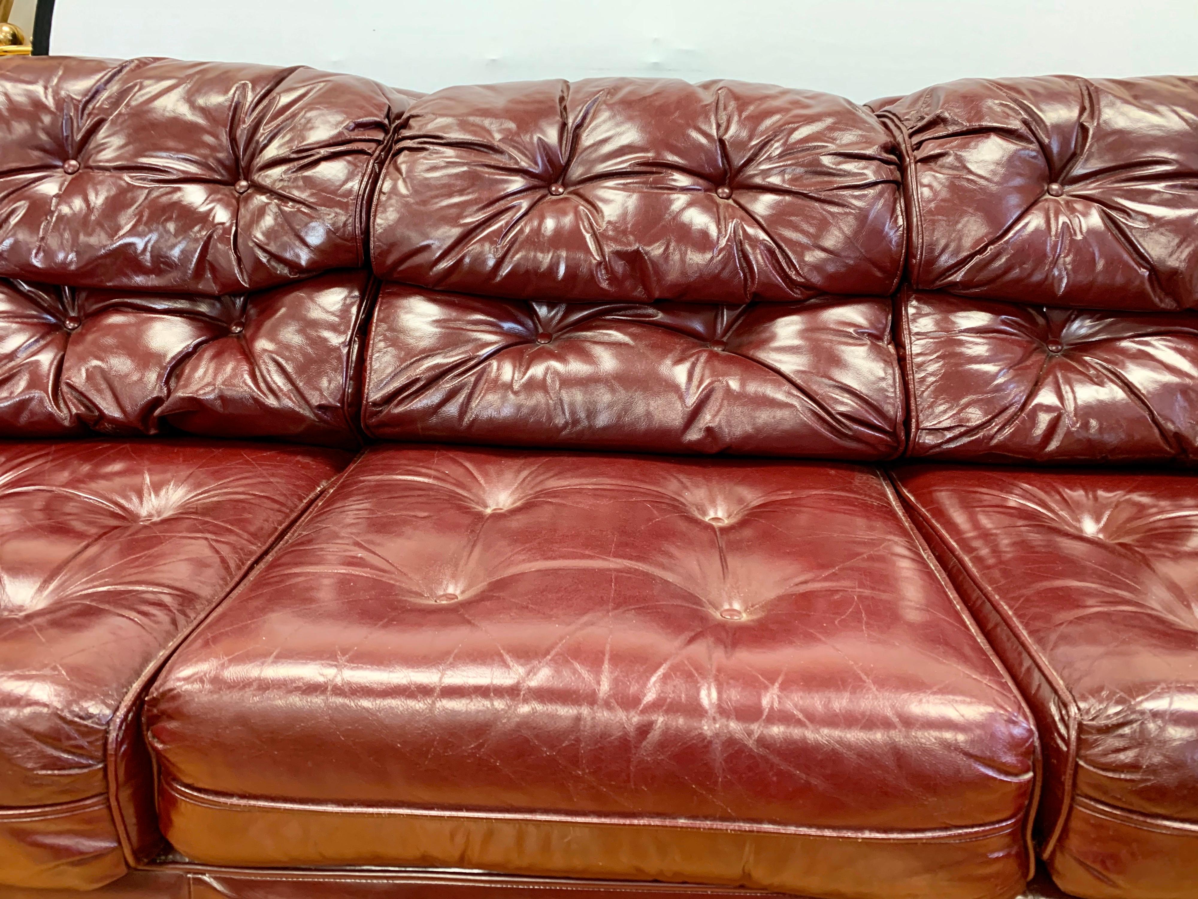 Chesterfield Burgundy Leather Sofa with Brass Nailheads 4