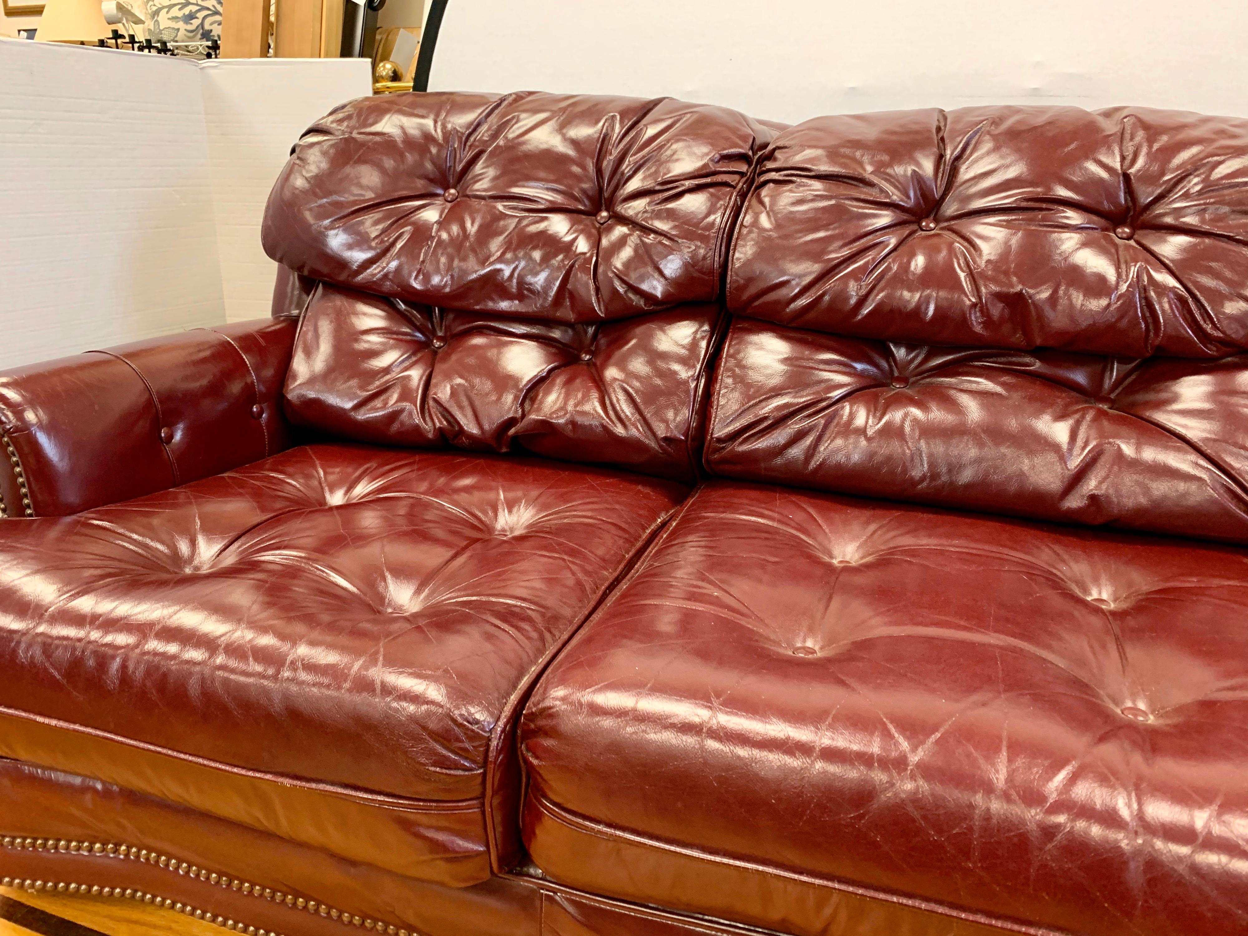 Chesterfield Burgundy Leather Sofa with Brass Nailheads 5