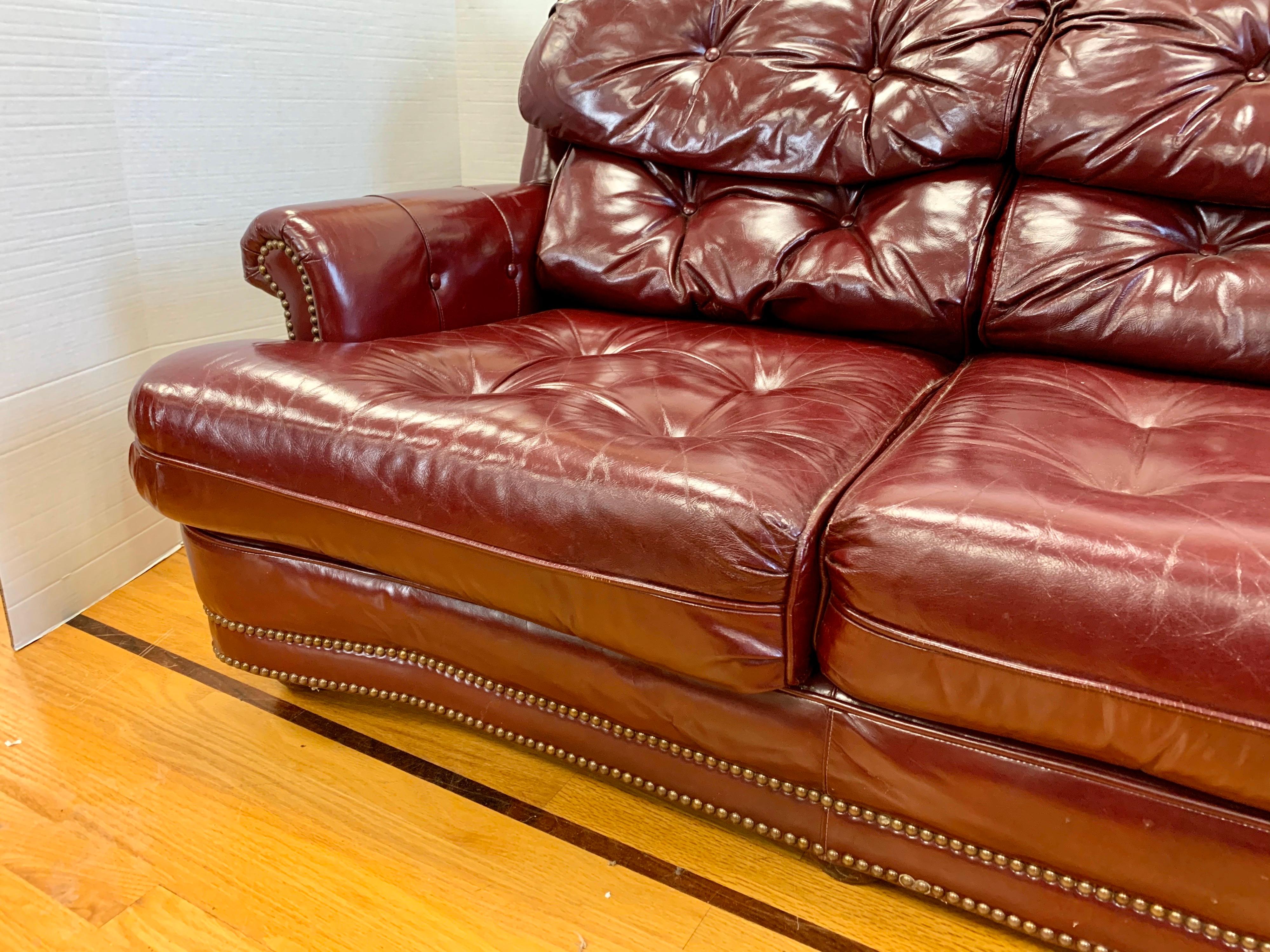 Chesterfield Burgundy Leather Sofa with Brass Nailheads 6
