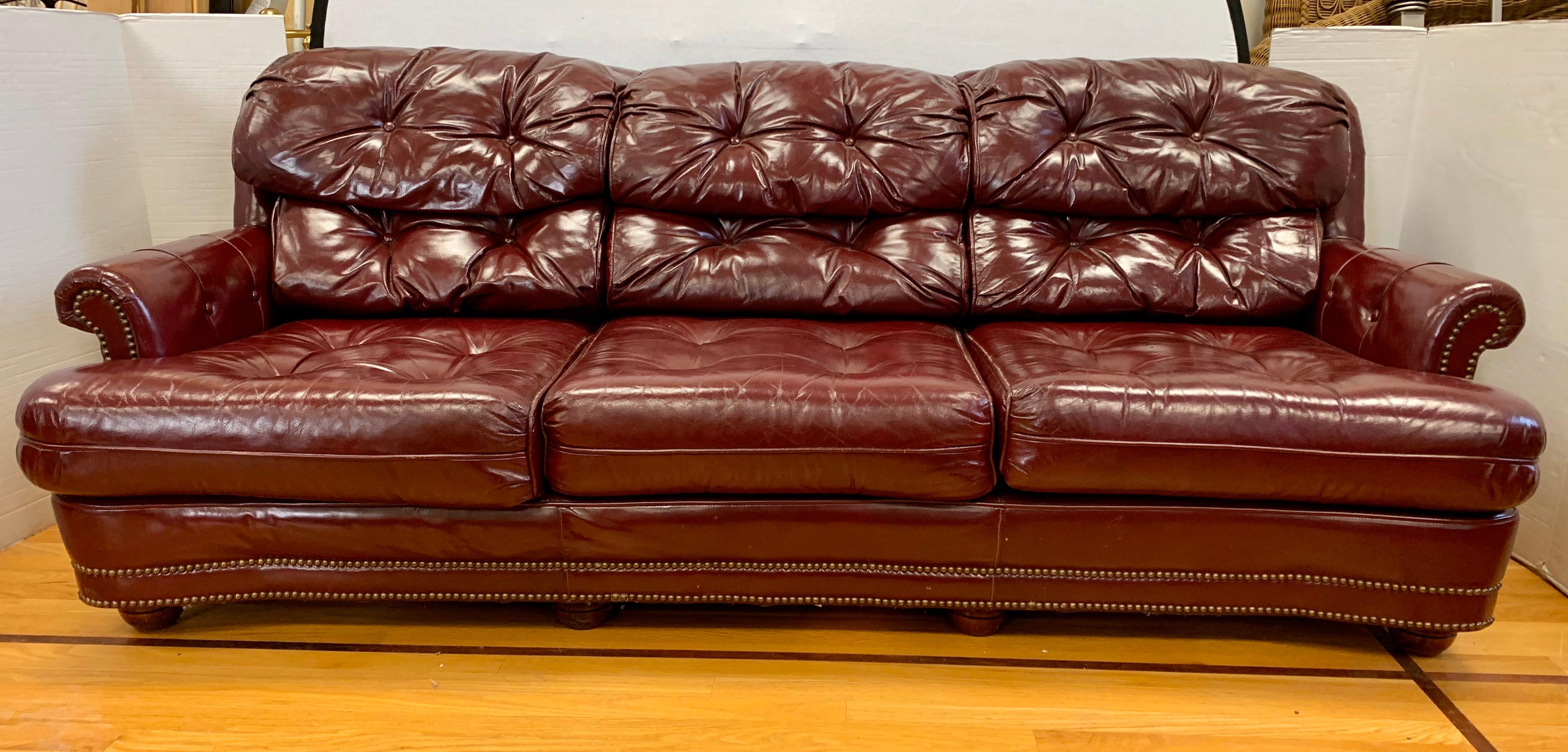 Chesterfield Burgundy Leather Sofa with Brass Nailheads 7