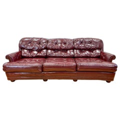 Chesterfield Burgundy Leather Sofa with Brass Nailheads