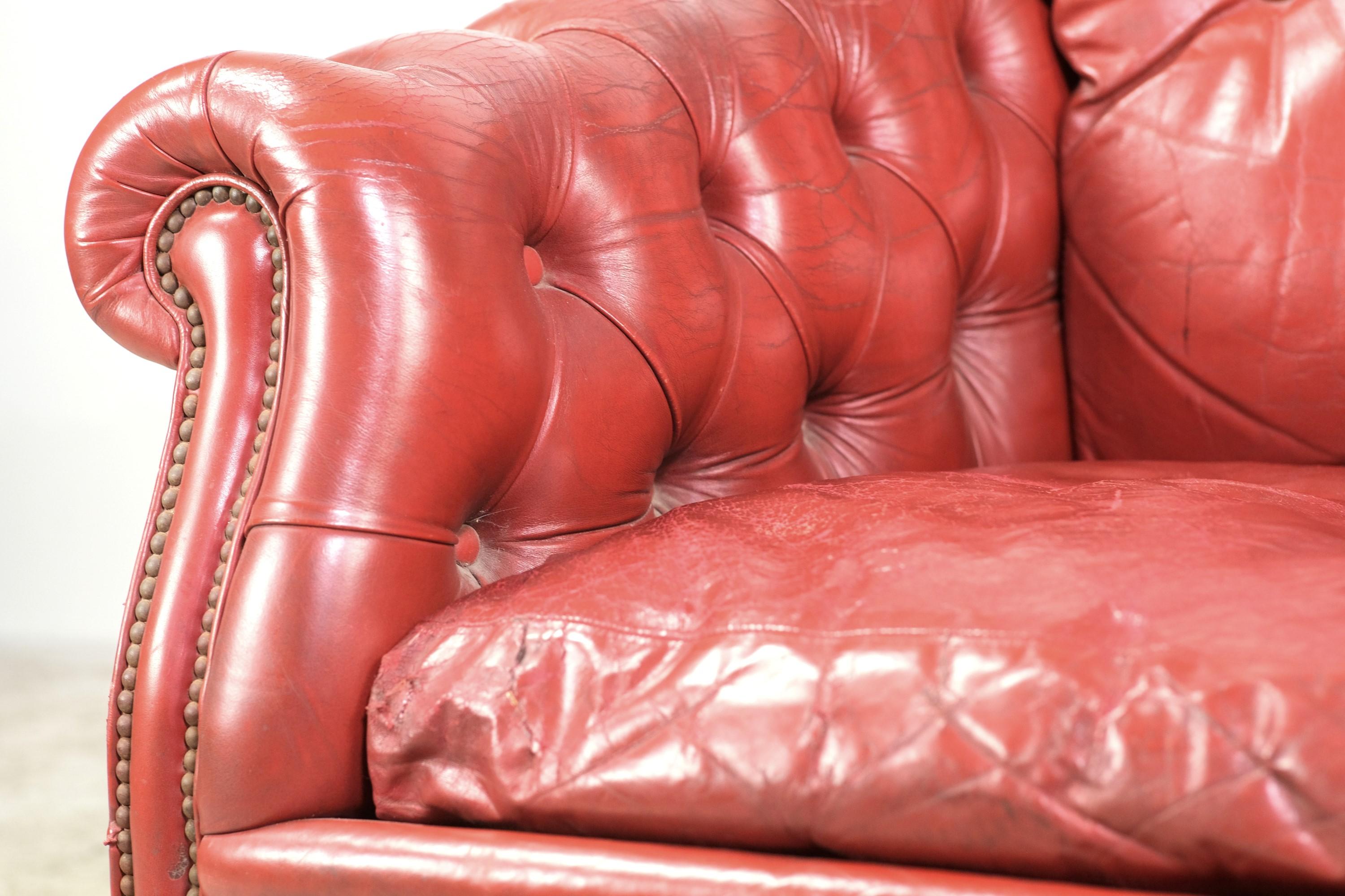 European Chesterfield Buttoned Tufted Red Leather Armchair with Rolled Arms