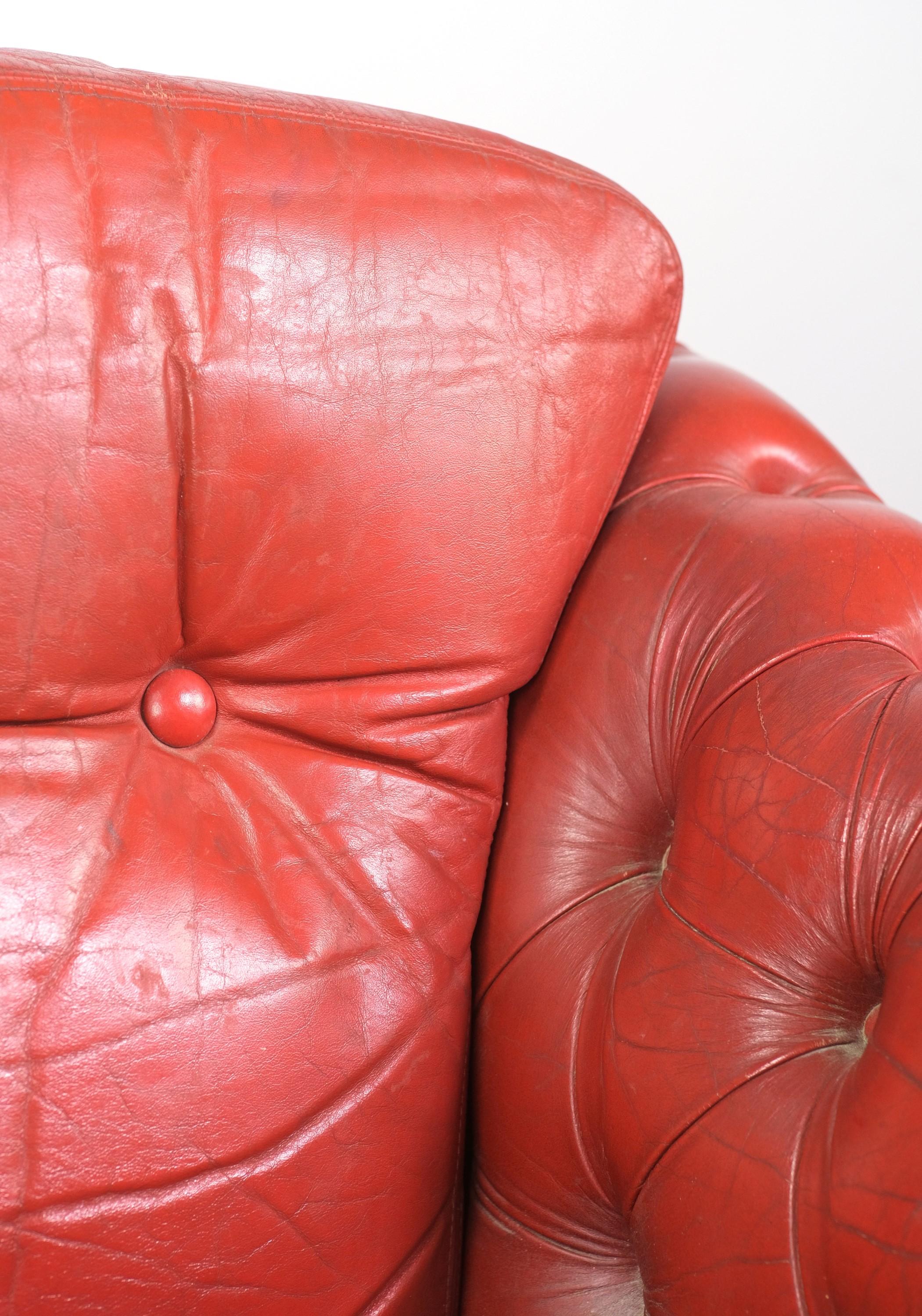 20th Century Chesterfield Buttoned Tufted Red Leather Armchair with Rolled Arms