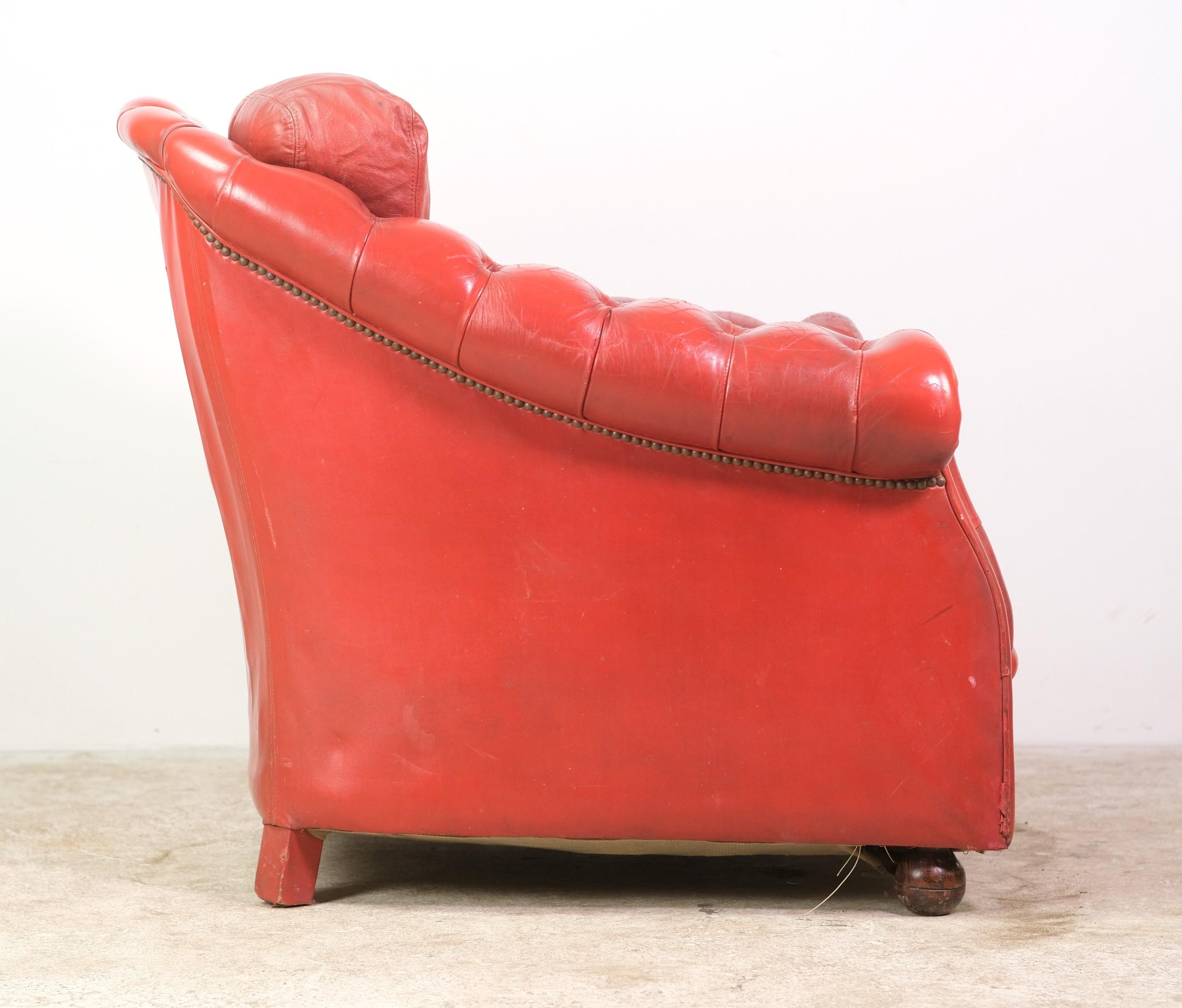 Chesterfield Buttoned Tufted Red Leather Armchair with Rolled Arms 2