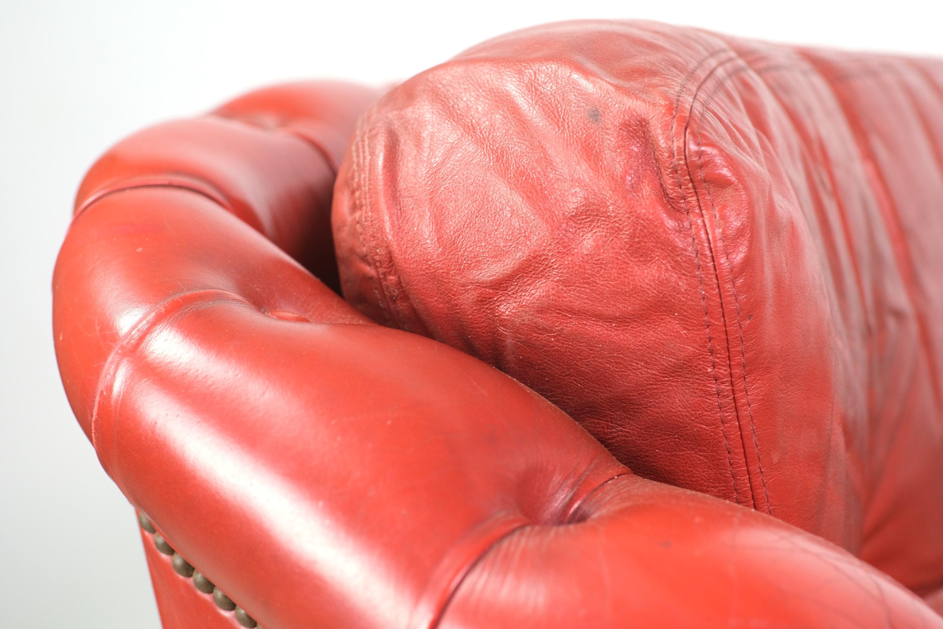 Chesterfield Buttoned Tufted Red Leather Armchair with Rolled Arms 3