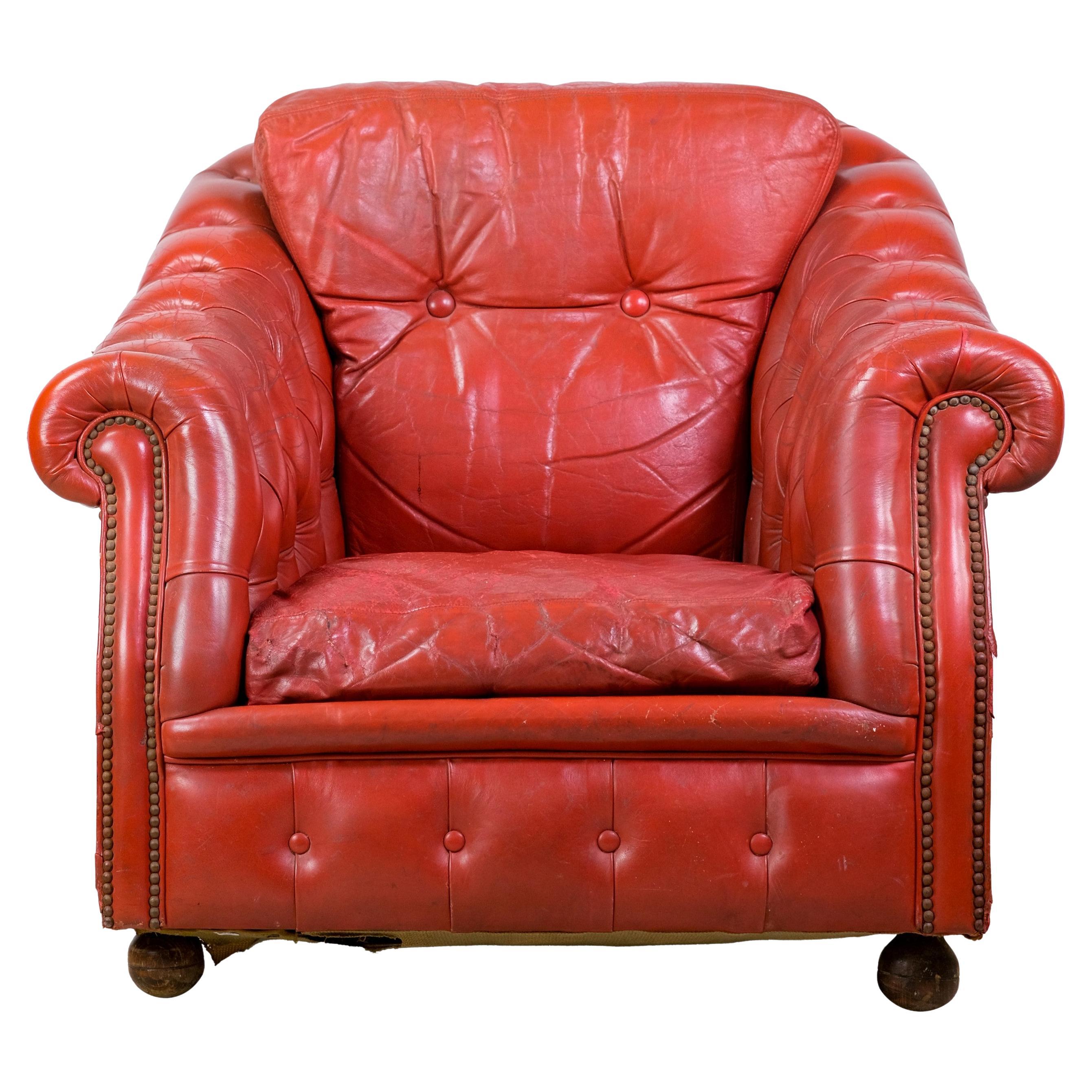 Chesterfield Buttoned Tufted Red Leather Armchair with Rolled Arms