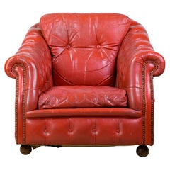 Chesterfield Buttoned Tufted Red Leather Armchair with Rolled Arms