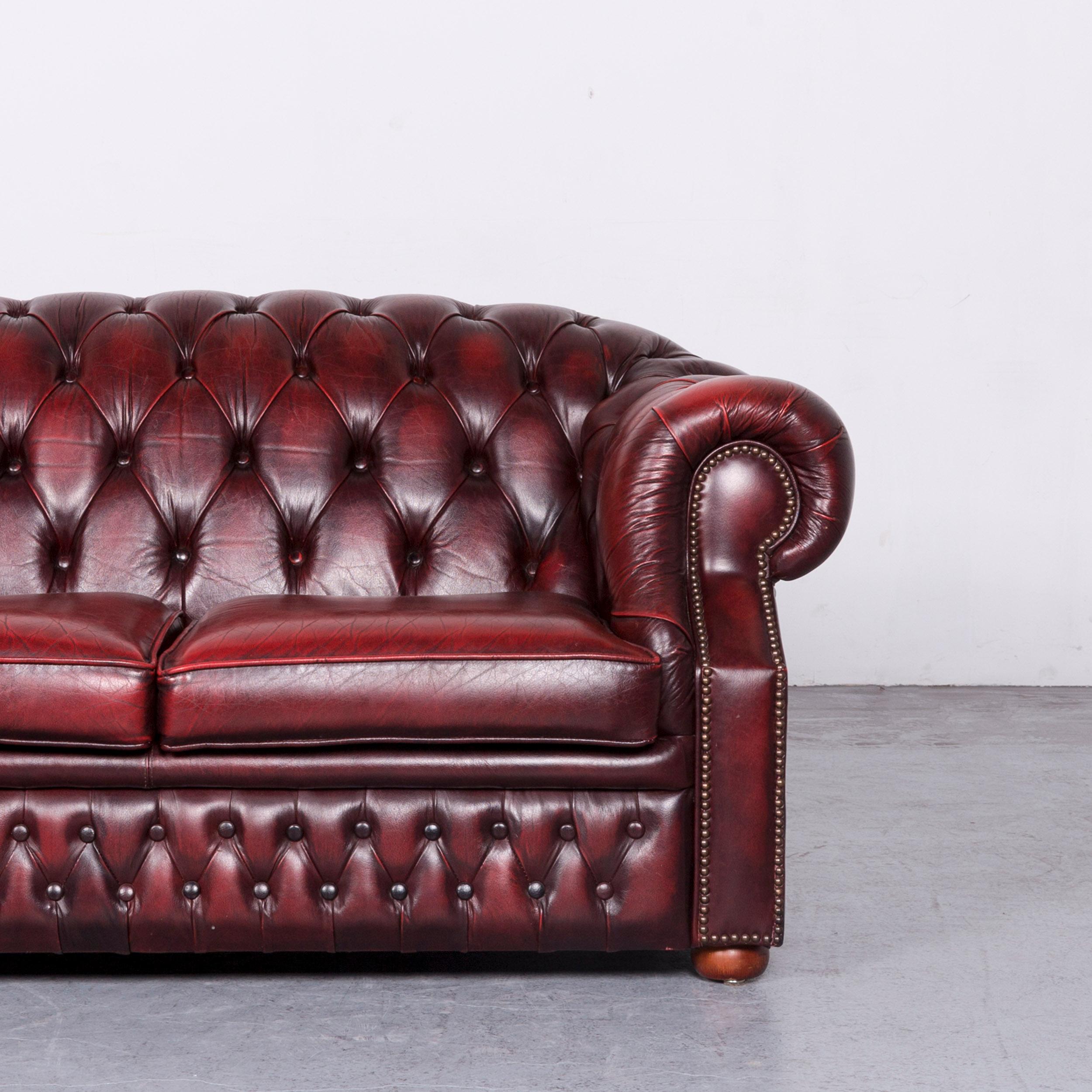 British Chesterfield Centurion Leather Sofa Armchair Set Red Two-Seat Vintage Couch