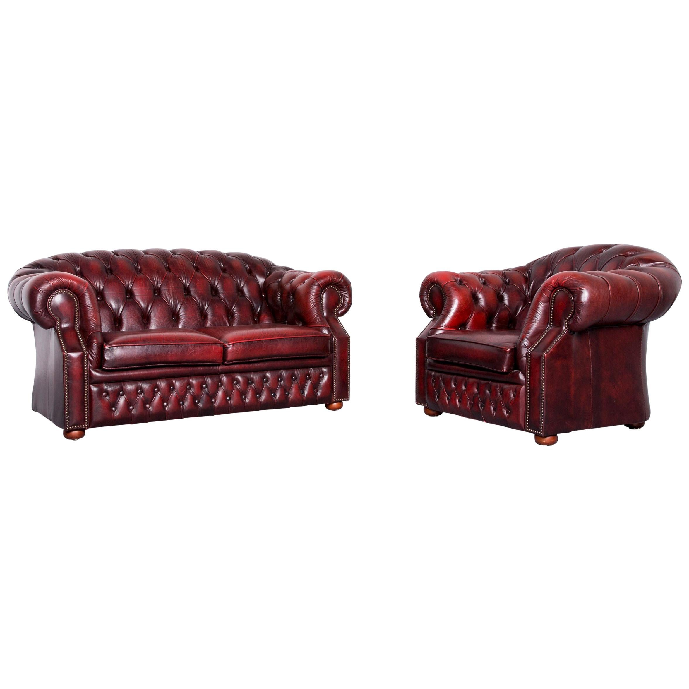 Chesterfield Centurion Leather Sofa Armchair Set Red Two-Seat Vintage Couch