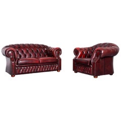 Chesterfield Centurion Leather Sofa Armchair Set Red Two-Seat Vintage Couch