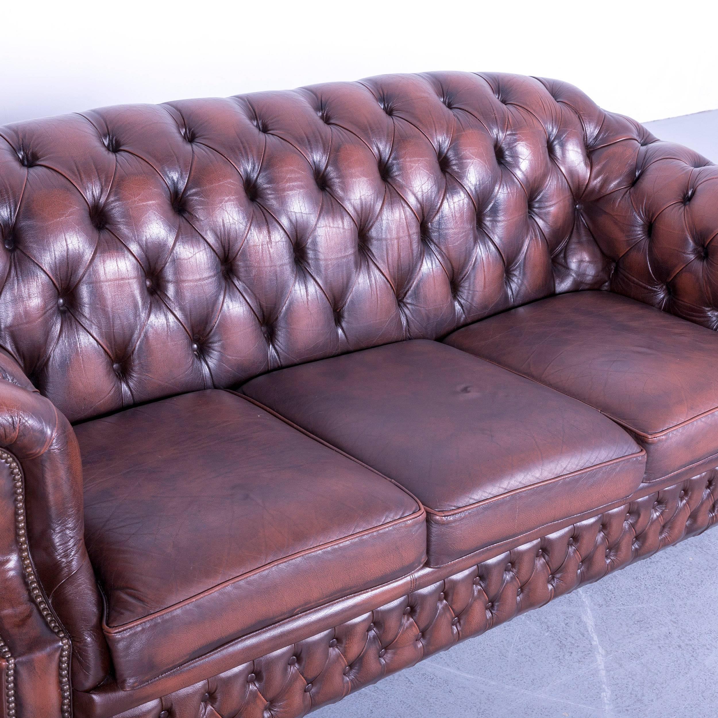 British Chesterfield Centurion Leather Sofa Brown Three-Seat Couch