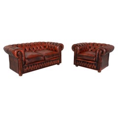 Chesterfield Centurion Leather Sofa Set Brown Two Seater Red Couch Armchair