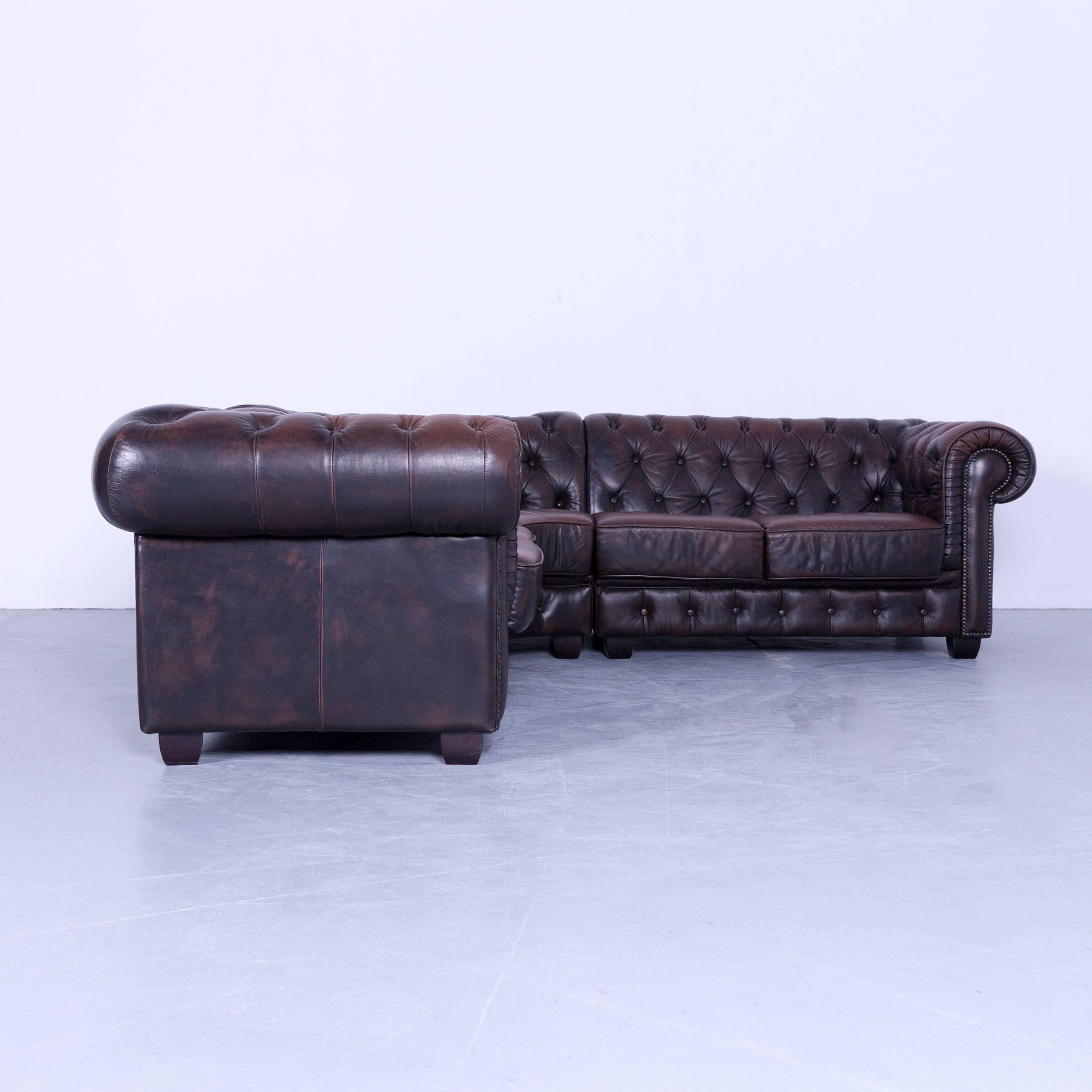 Chesterfield Corner Sofa Brown Leather Couch Vintage Rivets 1