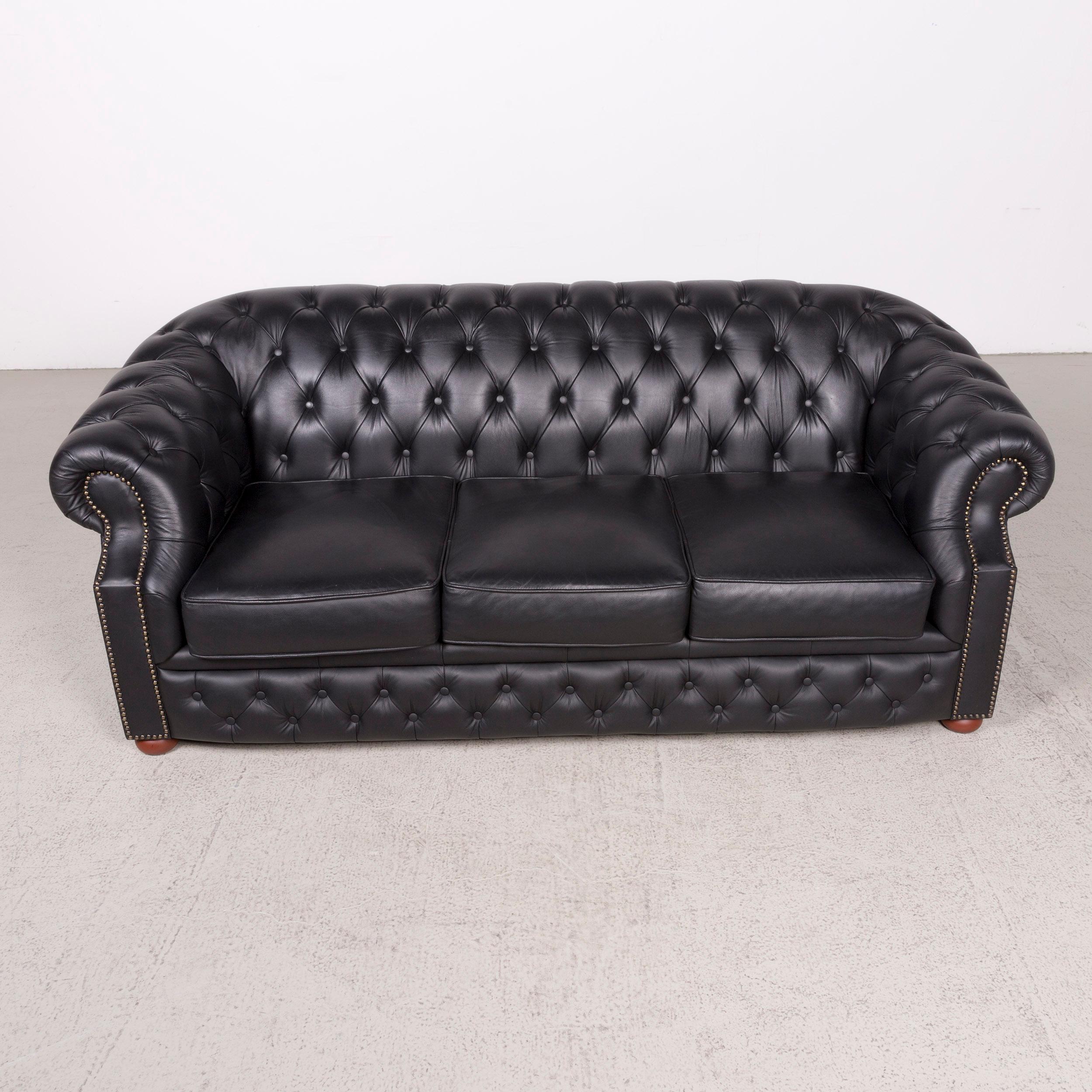 Modern Chesterfield Designer Leather Sofa Black Three-Seater Real Leather Couch Retro For Sale