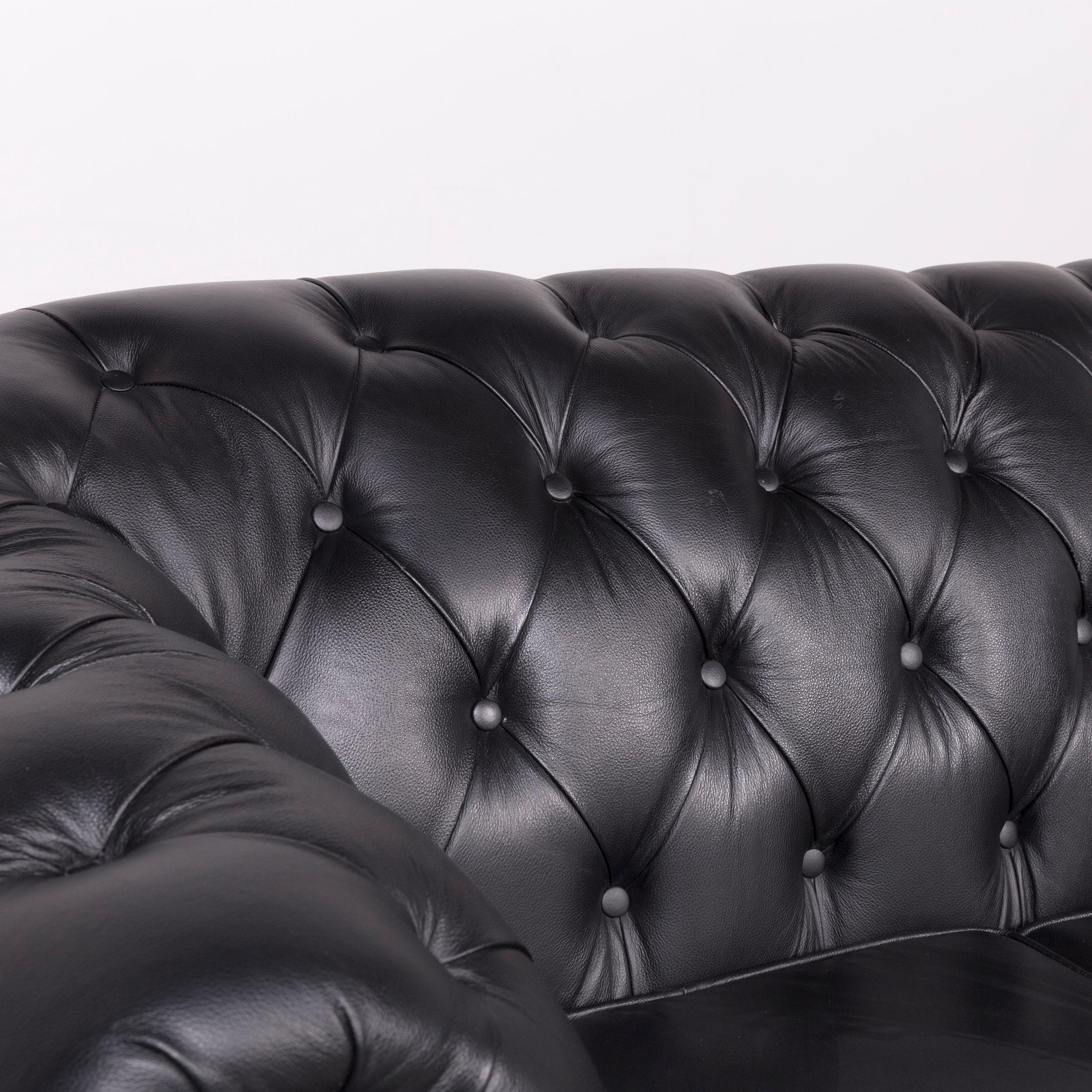 British Chesterfield Designer Leather Sofa Black Three-Seater Real Leather Couch Retro For Sale