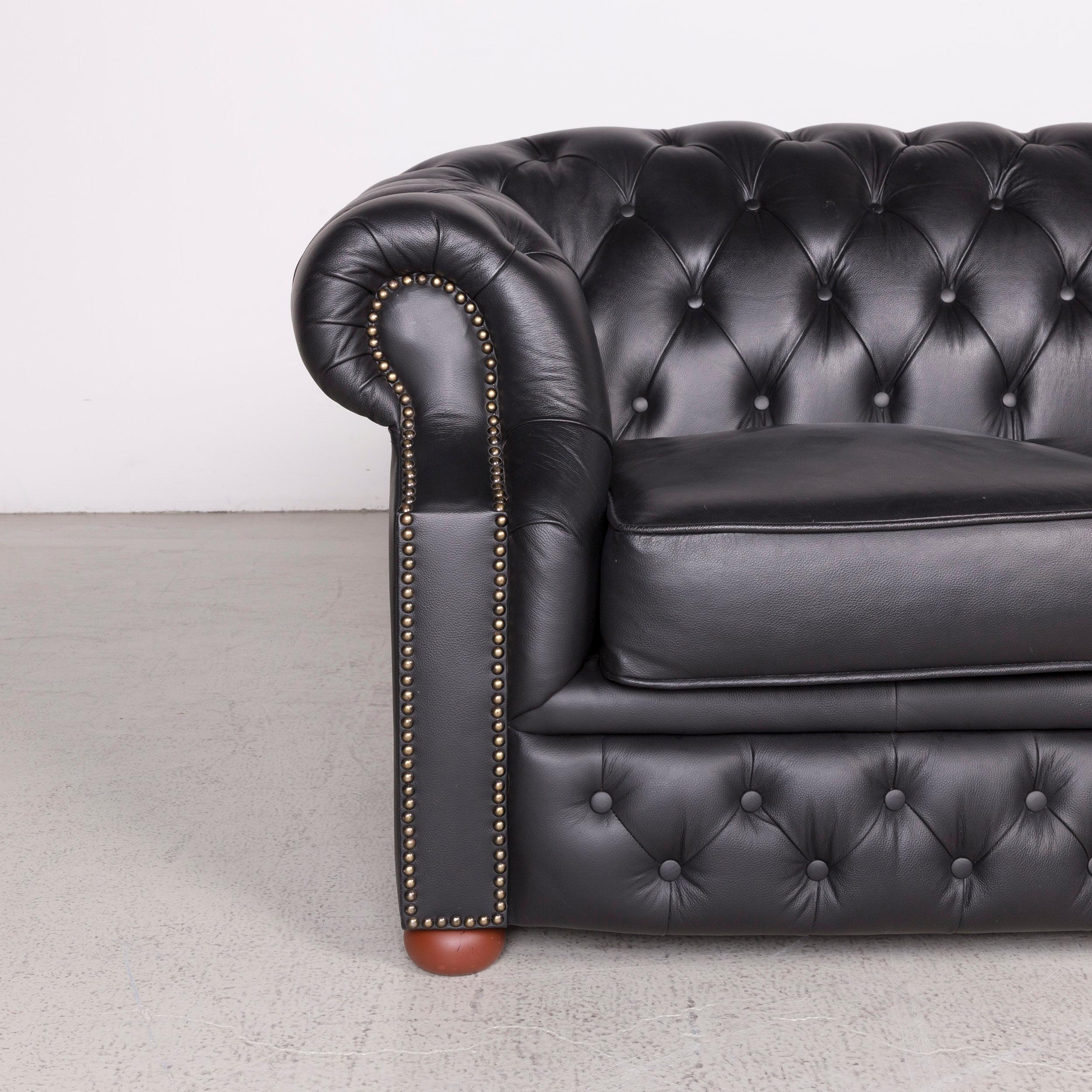 Chesterfield Designer Leather Sofa Black Three-Seater Real Leather Couch Retro In Excellent Condition For Sale In Cologne, DE