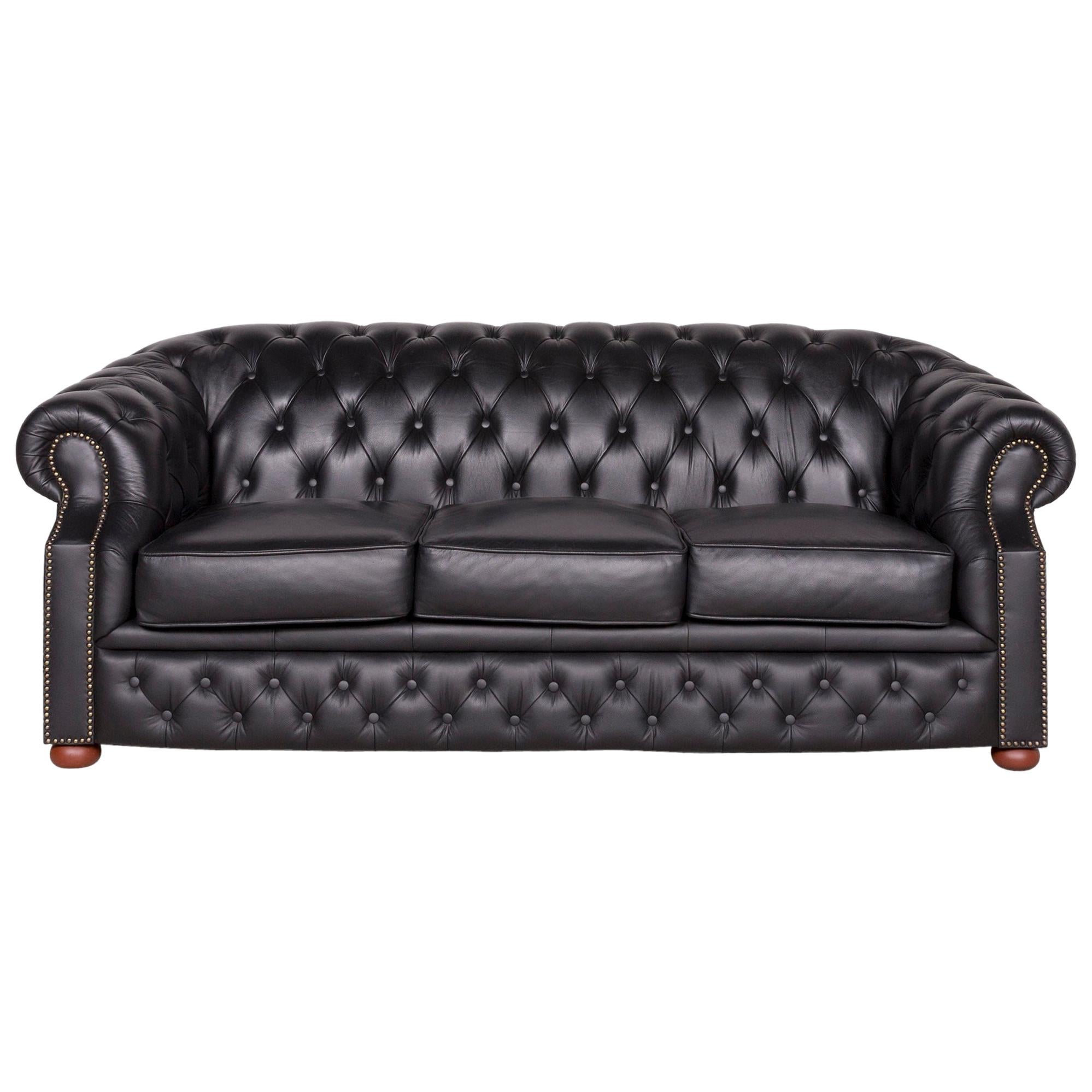 Chesterfield Designer Leather Sofa Black Three-Seater Real Leather Couch Retro For Sale