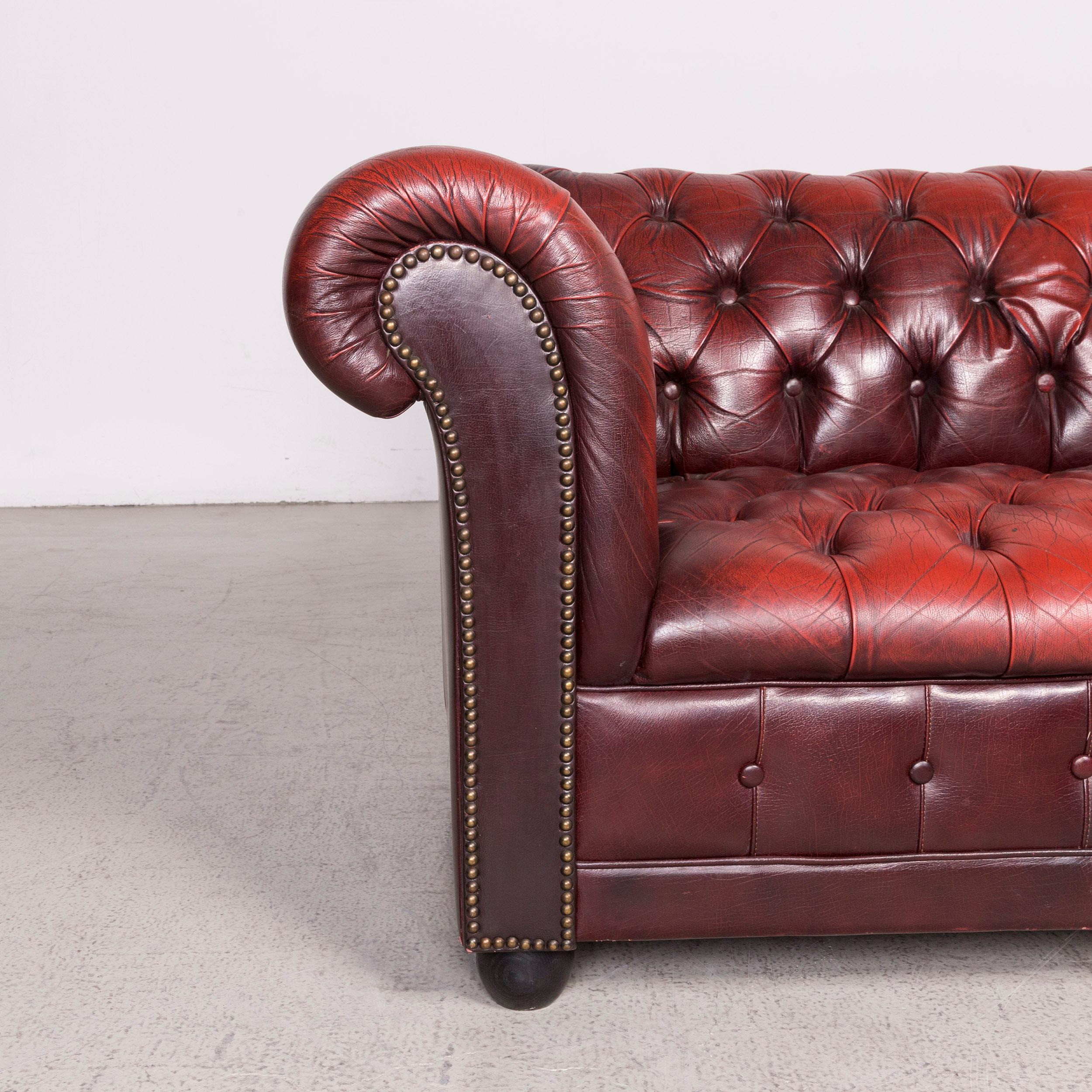 British Chesterfield Designer Leather Sofa Red Two-Seat Genuine Leather Vintage Retro For Sale
