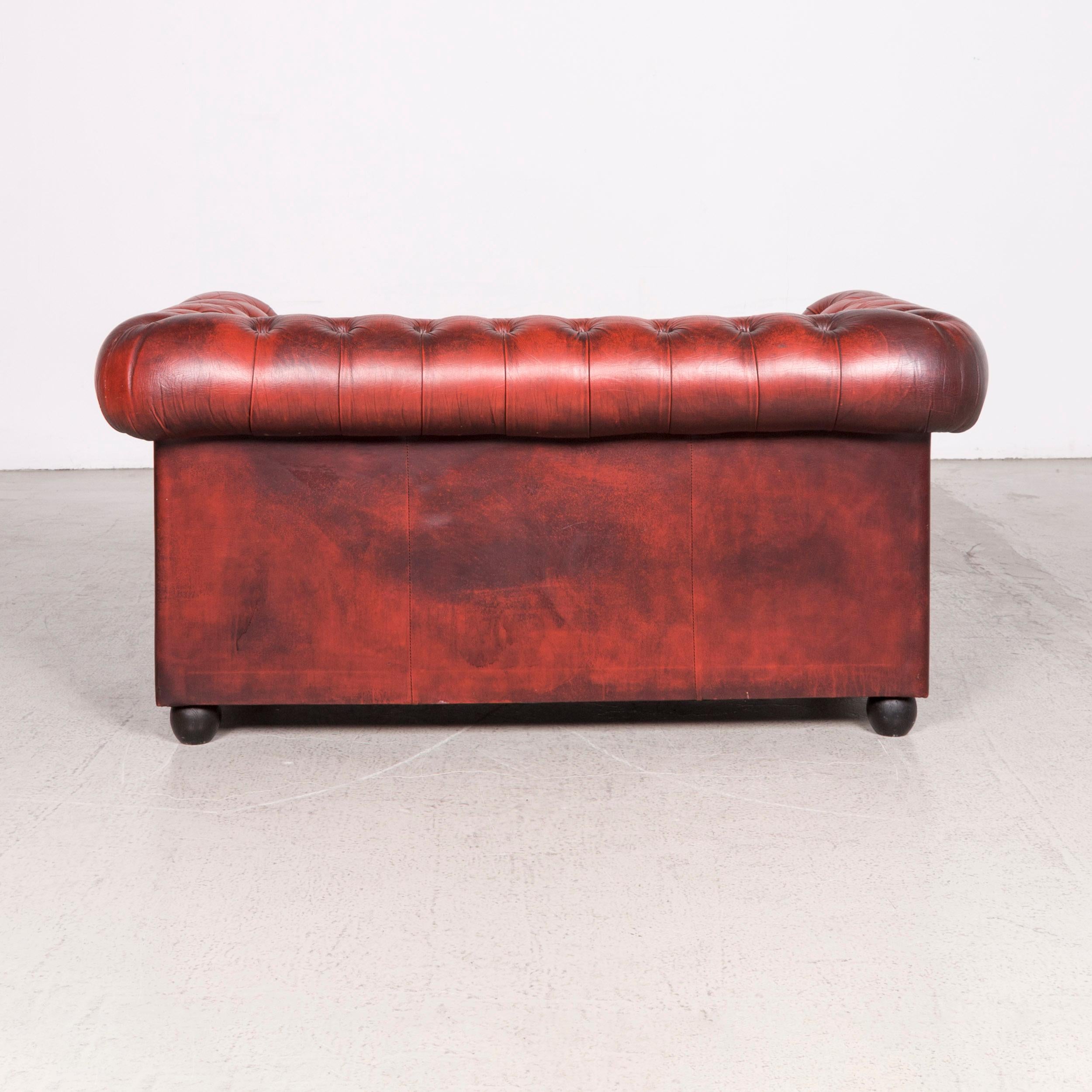 Contemporary Chesterfield Designer Leather Sofa Red Two-Seat Genuine Leather Vintage Retro For Sale