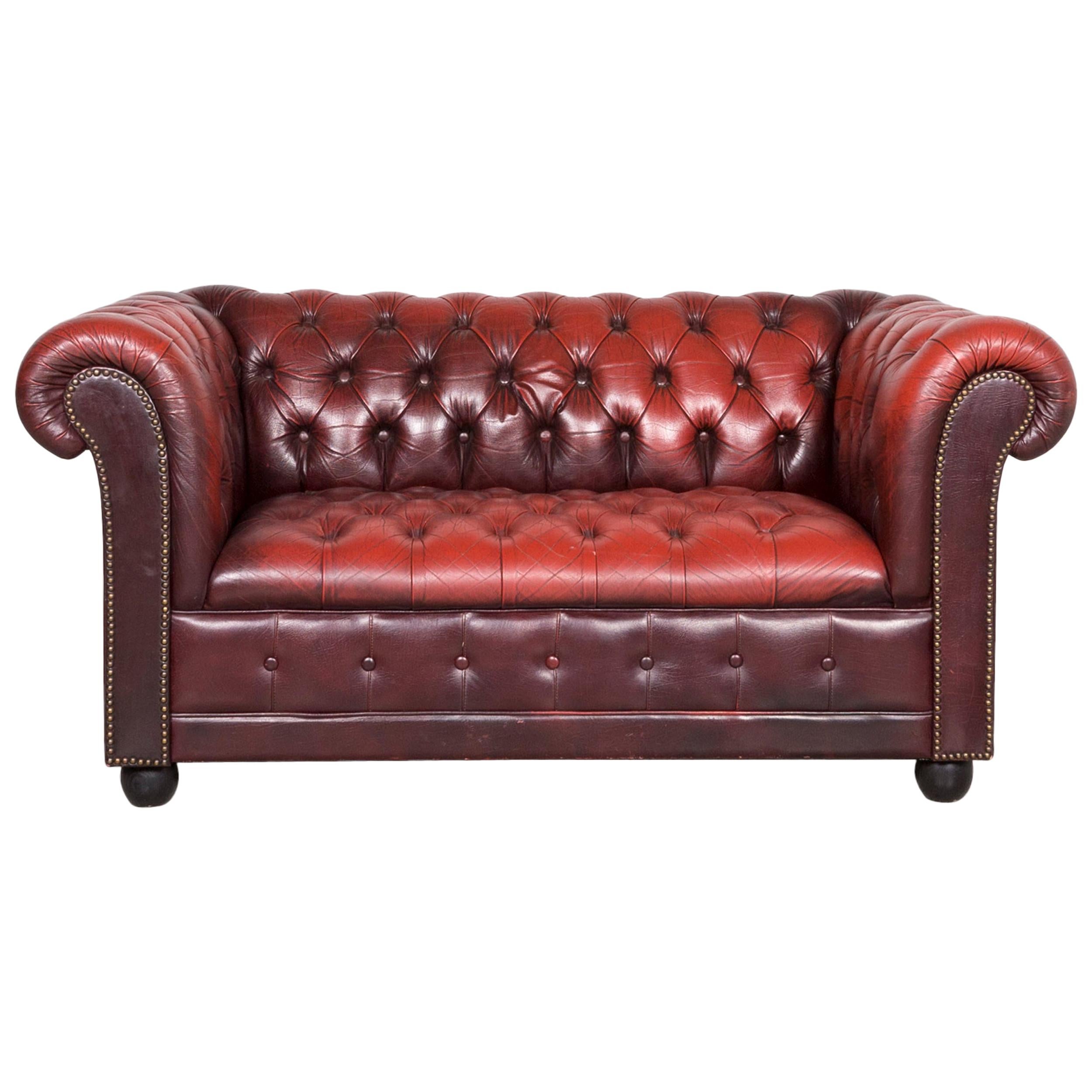 Chesterfield Designer Leather Sofa Red Two-Seat Genuine Leather Vintage Retro For Sale