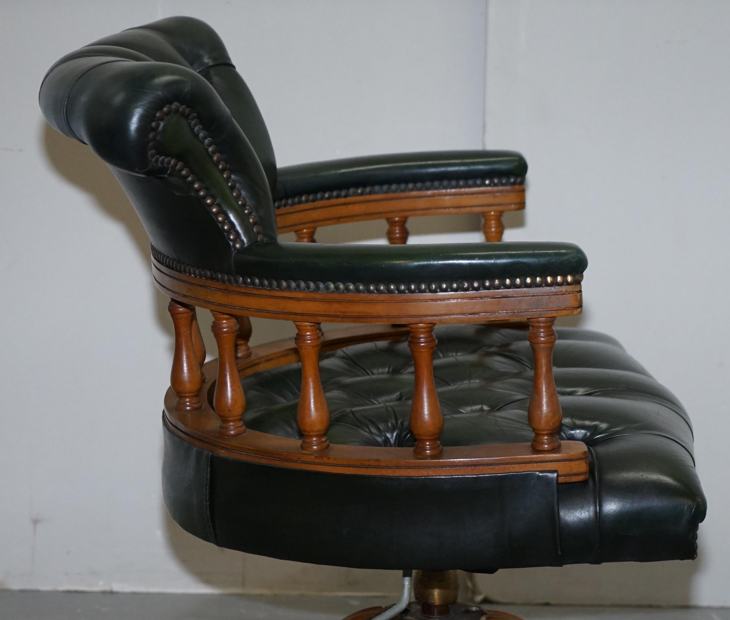 Chesterfield Directors Green Leather and Oak Executive Captains Office Chair 4