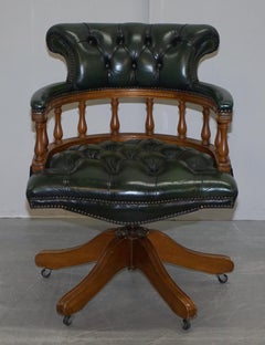Chesterfield Directors Green Leather and Oak Executive Captains Office Chair