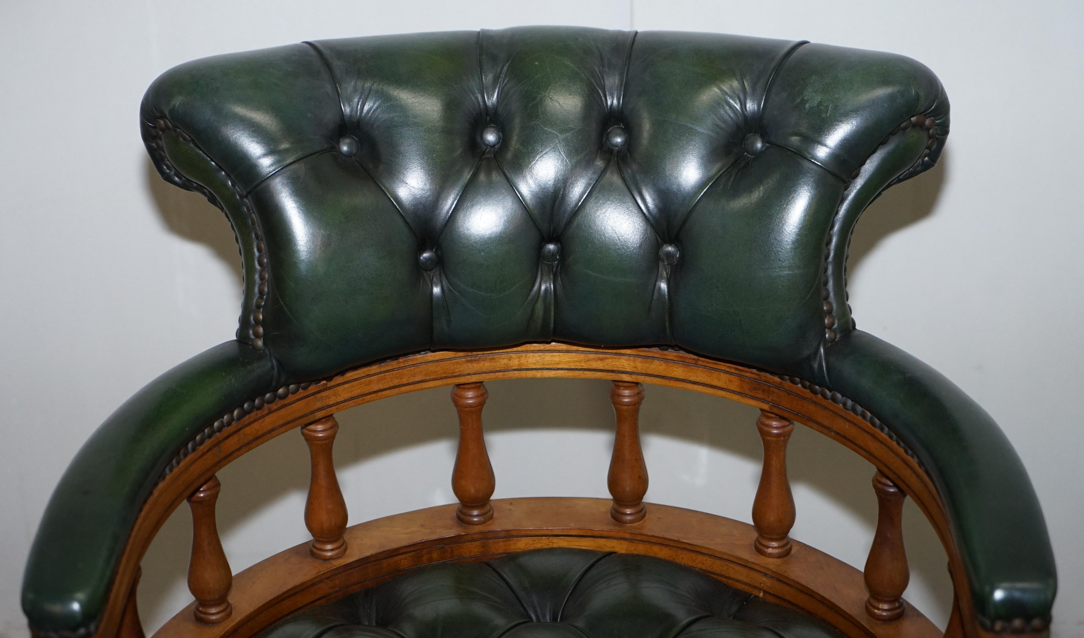 English Chesterfield Directors Green Leather and Oak Executive Captains Office Chair
