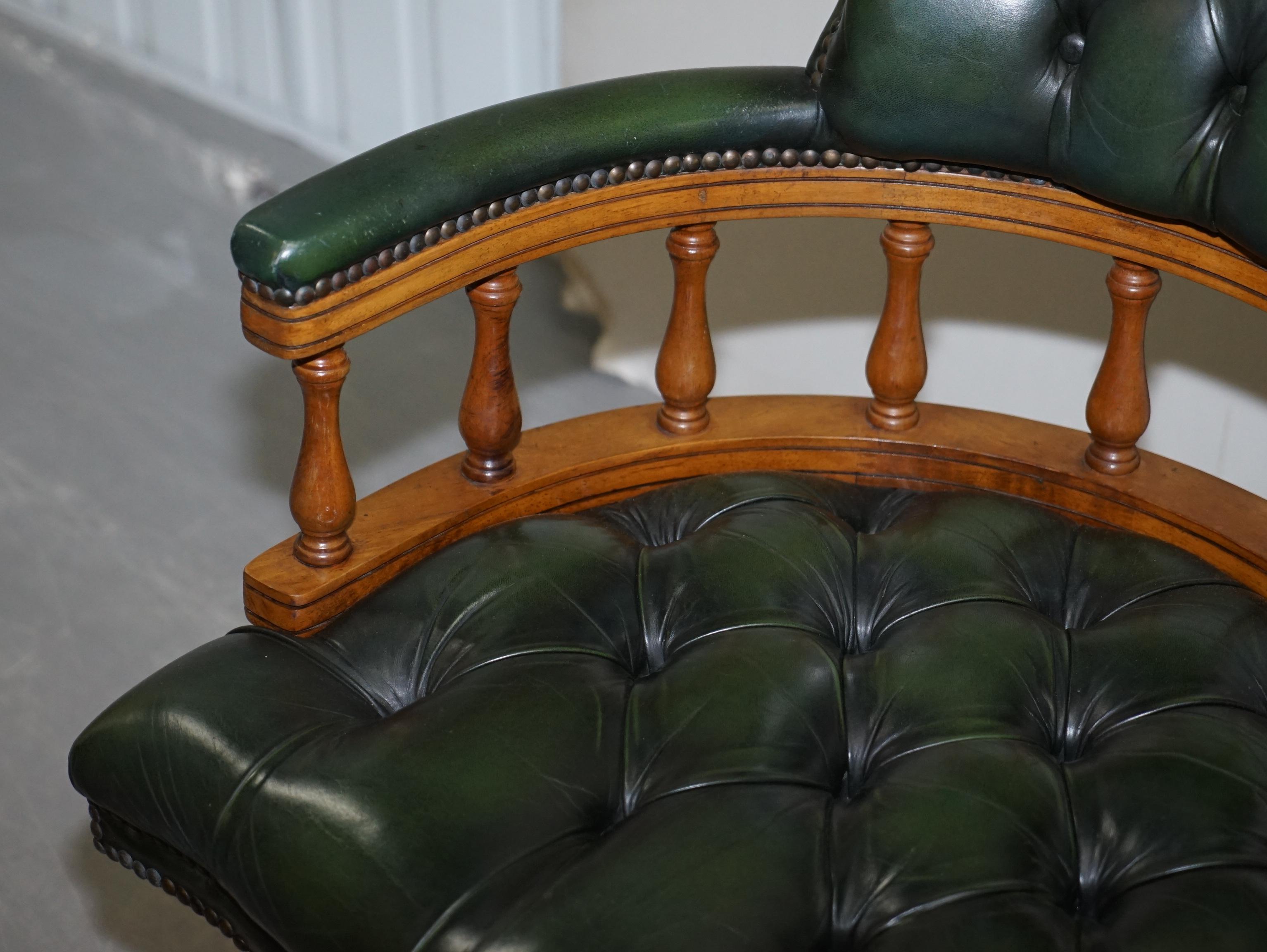 Hand-Crafted Chesterfield Directors Green Leather and Oak Executive Captains Office Chair